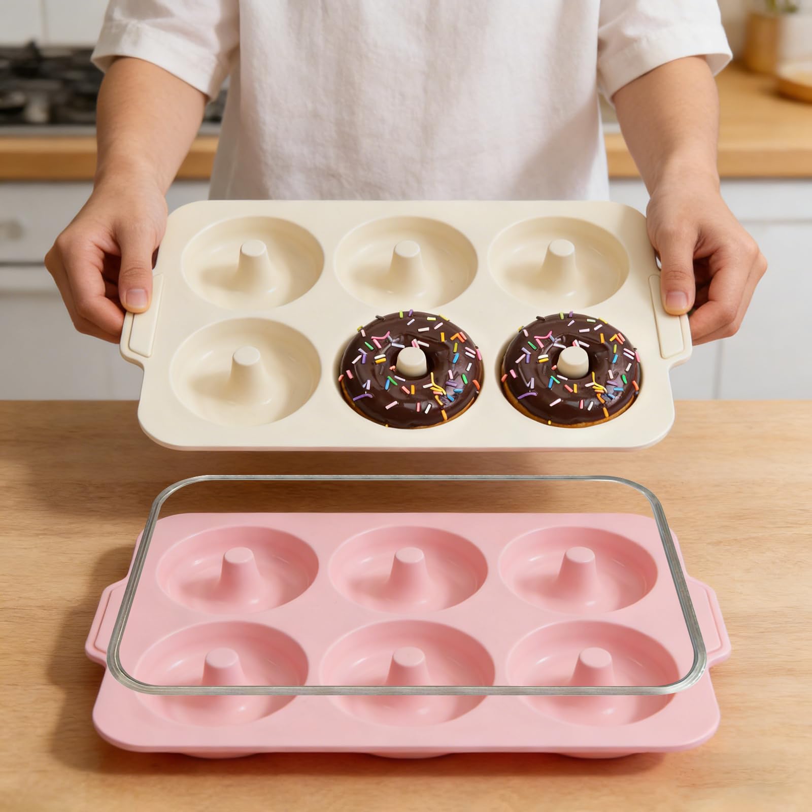 Molde para donuts de silicona 2-piezas: molde para donuts 10,2 cm | 6 cavidades y marco metálico para hornear bagels sin azúcar. Accesorio de cocina antiadherente para hornear (rosa y beige)