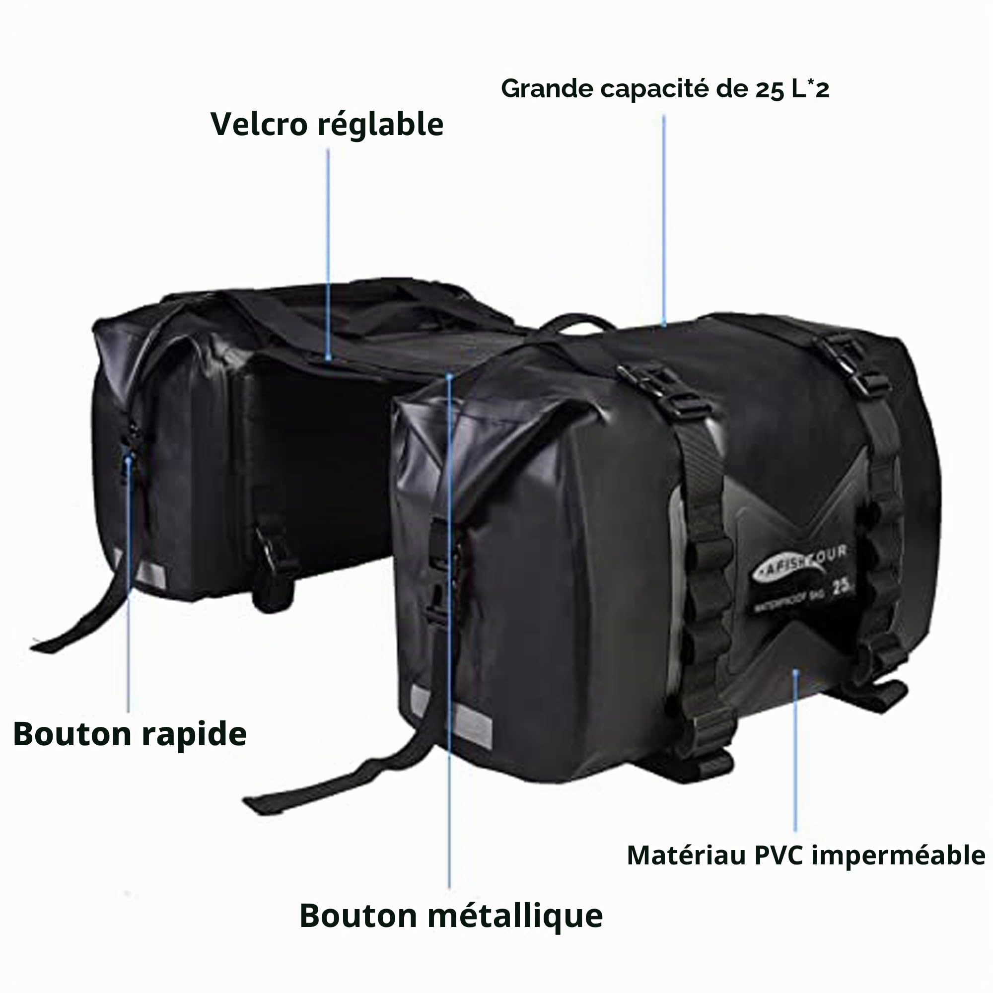 Waterproof Motorcycle Saddlebags - 50L Motorcycle Luggage Bags for Motorbike Travel - Detachable Panniers Bags - for Scooter, Honda, Suzuki, Yamaha (Black, 2 Pack)