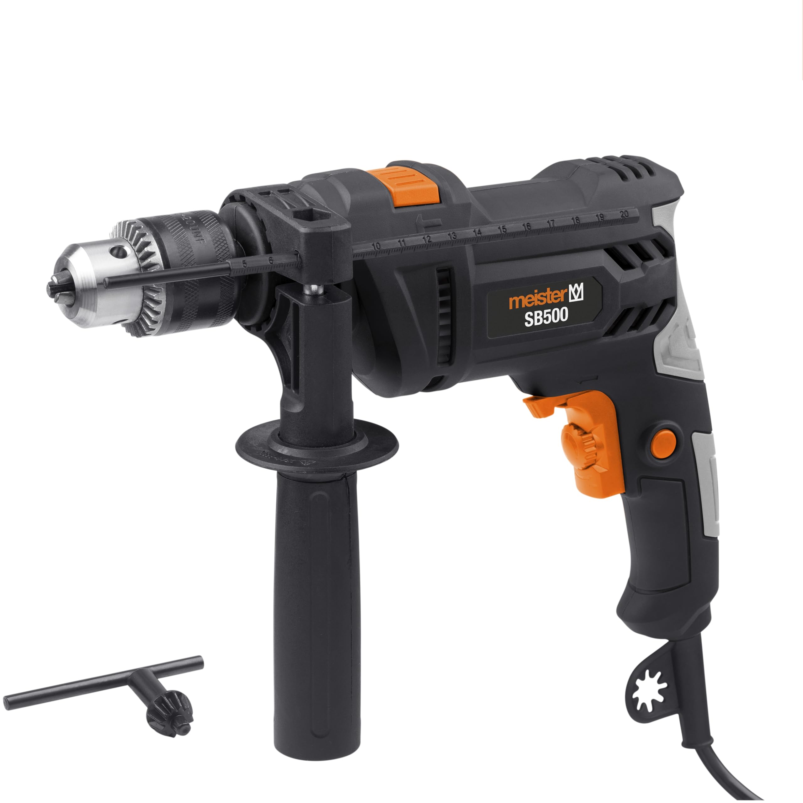 Meister Trapano a percussione 500 W, SB500 – Mandrino a corona dentata – Preselezione della velocità – Con impugnatura aggiuntiva & arresto di profondità/trapano/martello perforatore/trapano a