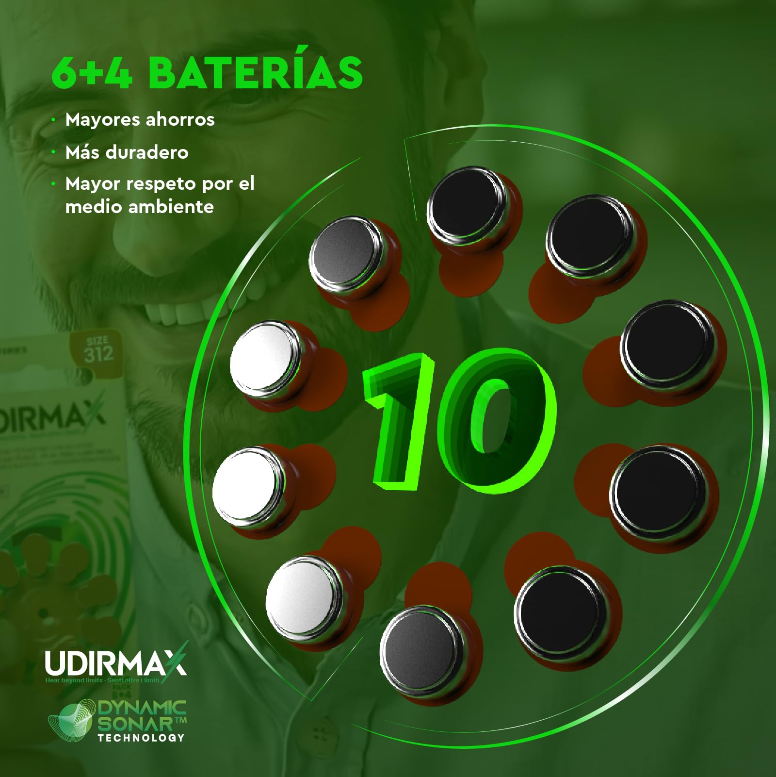 100 Pilas para Audífonos Tamaño 312 Udirmax PR41 Marrón Zinc-Air Eco Pack - 10 Ampollas Ecológicas de 10 Pilas