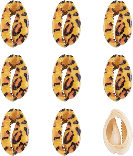 Cheriswelry 20 cuentas de concha de cauri natural con estampado de leopardo, sin agujero, espiral, concha, verano, playa, abalorios, corte liso,