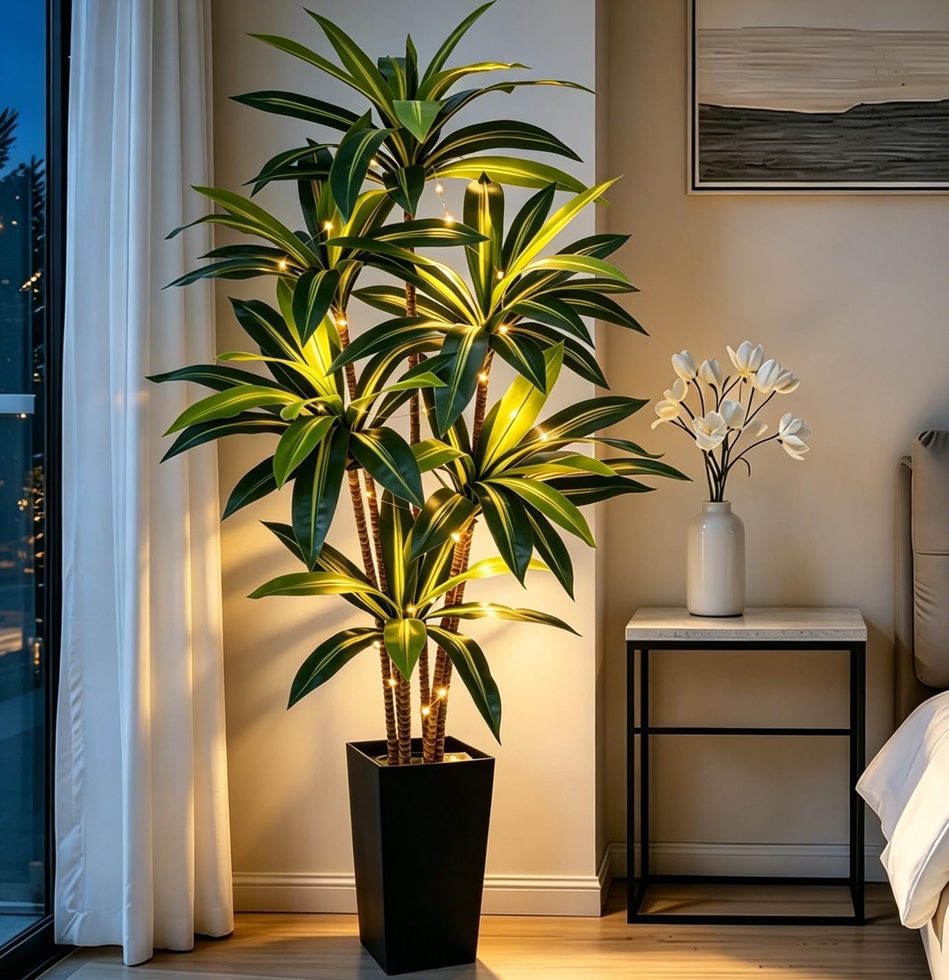 6FT Dracaena Artificial Plant Tall Artificial Plants Indoor Lighted | Fake Tree with Black Planter for Home Office Living Room Bedroom Entryway Outdoor Patio Decoration