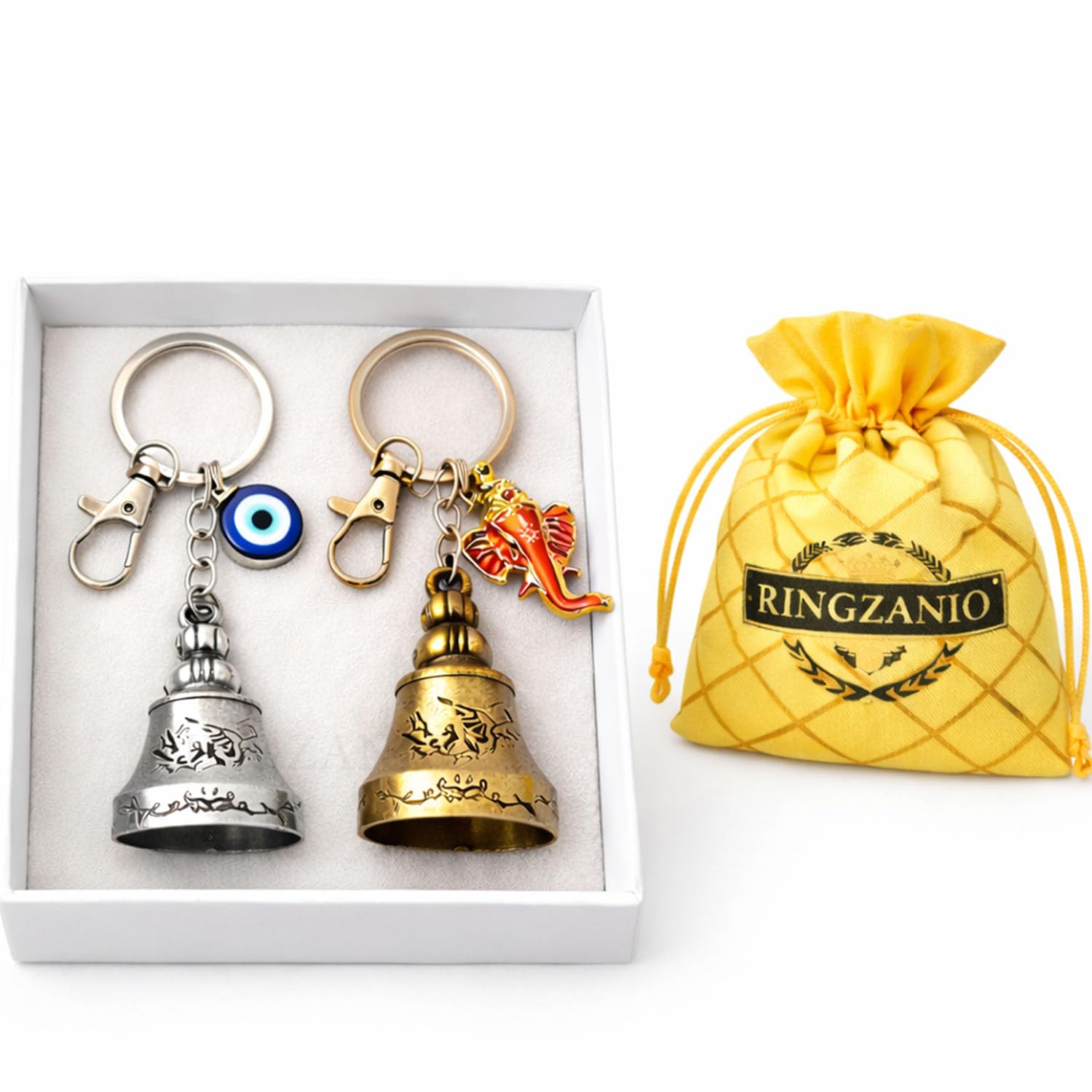 Guardian Bell Keychain for Bike & Car | Ganesh God & Evil Eye Tibetan Metal Bell | Pack of 2 (Gold & Silver) | Good Luck, Nazar & Protection Charm | Heavy Premium Key Ring for Riders & Vehicles