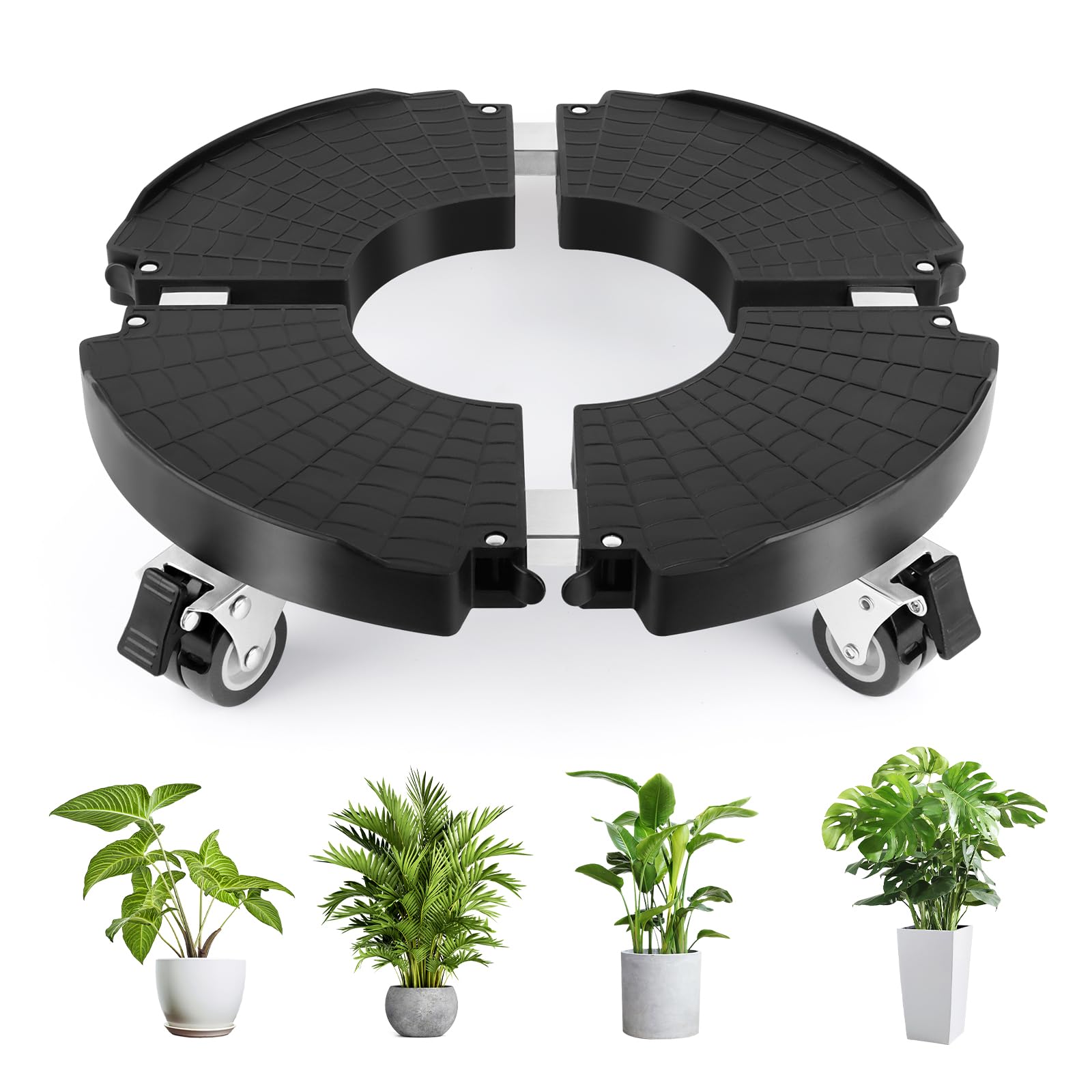 Plataforma con Ruedas, Ajustable Ø 35-48cm, Capacidad de Carga 150 kg, Soporte para Macetas con Ruedas 360 ° Giratorio, Soporte para Macetas Exterior Interior Jardín, Negro
