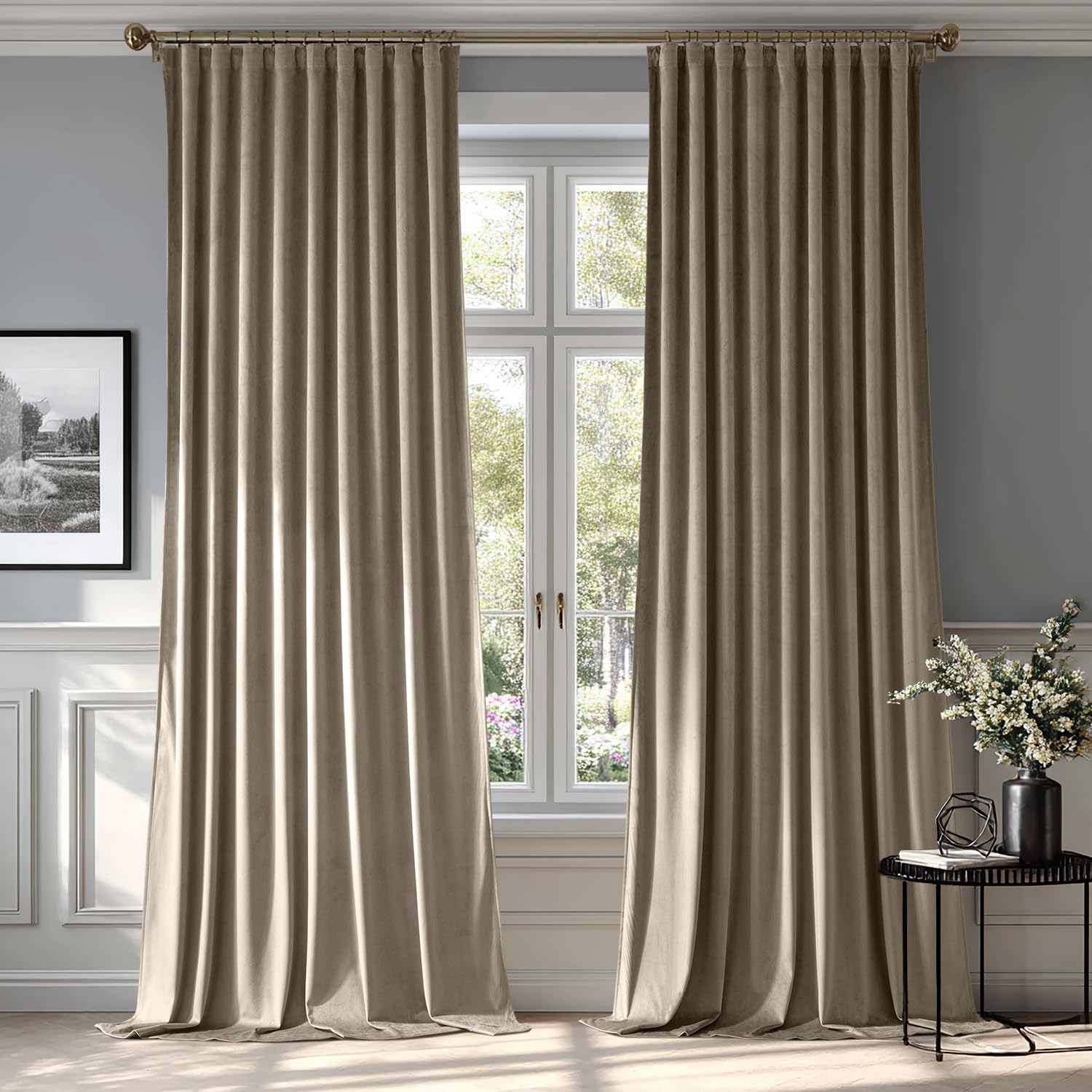 MIULEE Taupe Velvet Back Tab Blackout Curtains W52 X L84 Inches