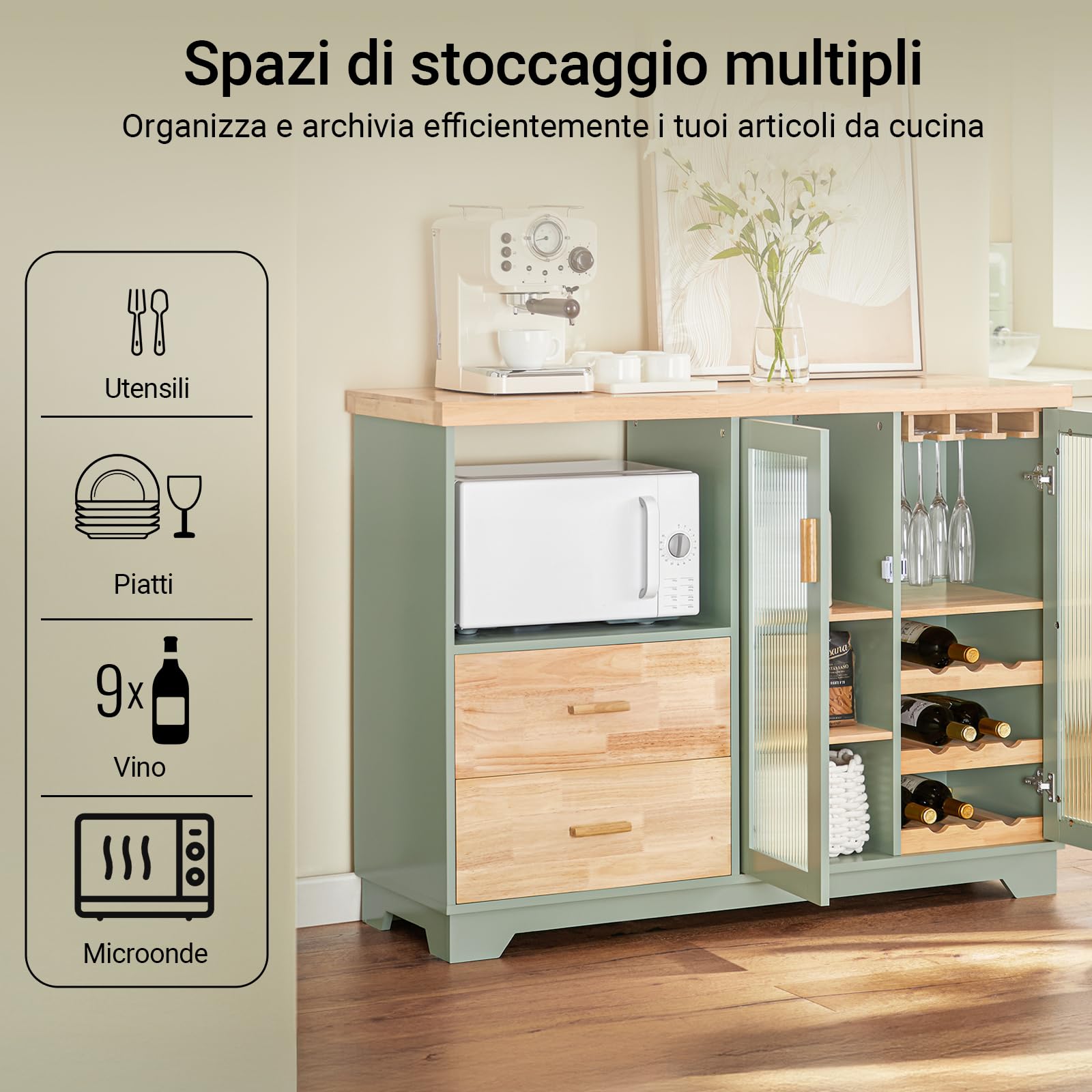 SoBuy Credenza Cucina Moderna 120 cm con Ripiano per Microonde e Portabottiglie - Mobiletto da Cucina con Ante in Vetro - Mobile Salvaspazio per Sala da Pranzo o Ingresso 120x90x40cm Verde FSB81-GR