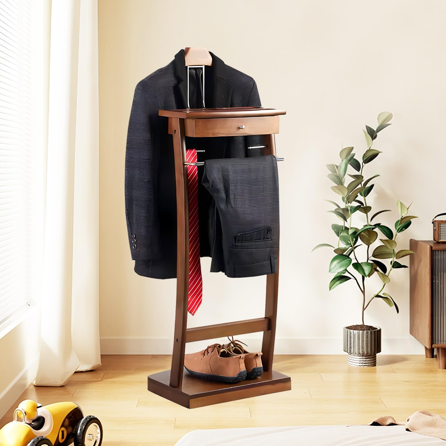 Ele Herrendiener aus Holz mit Tablett für Damen und Herren, Massivholz, Anzugständer mit Hosenhalterung, perfekt für Wohnzimmer, Schlafzimmer, Büro und Eingangsbereich, Braun