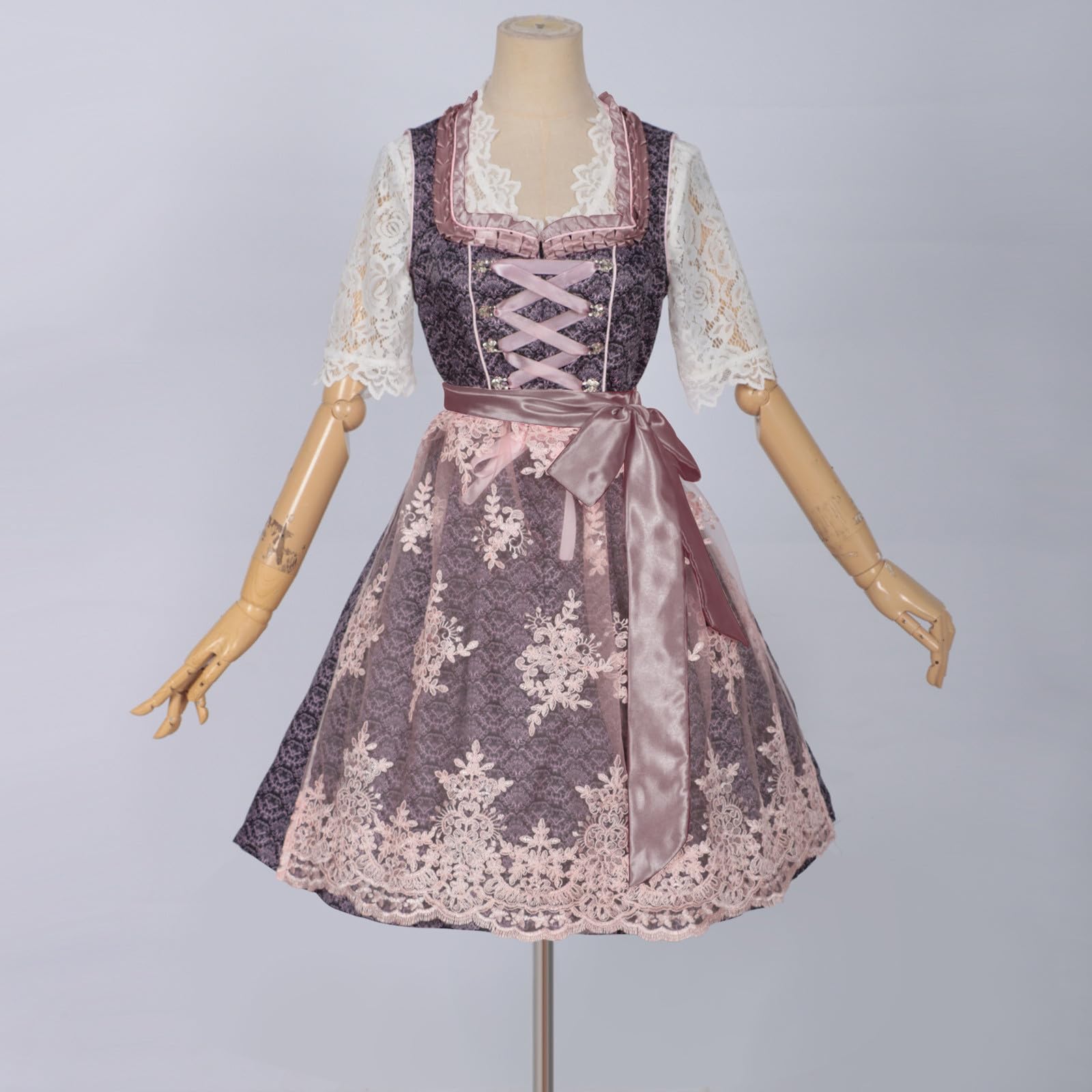 UHouse Dirndl Damen Midi Lang Spitze Dirndlkleid Elegante Trachtenkleid Trachtenmode für Oktoberfest Dirndlkomplettsets mit Spitzenschürze Trachtenrock inkl. Dirndlschürze Dirndlbluse Trachten Kleid