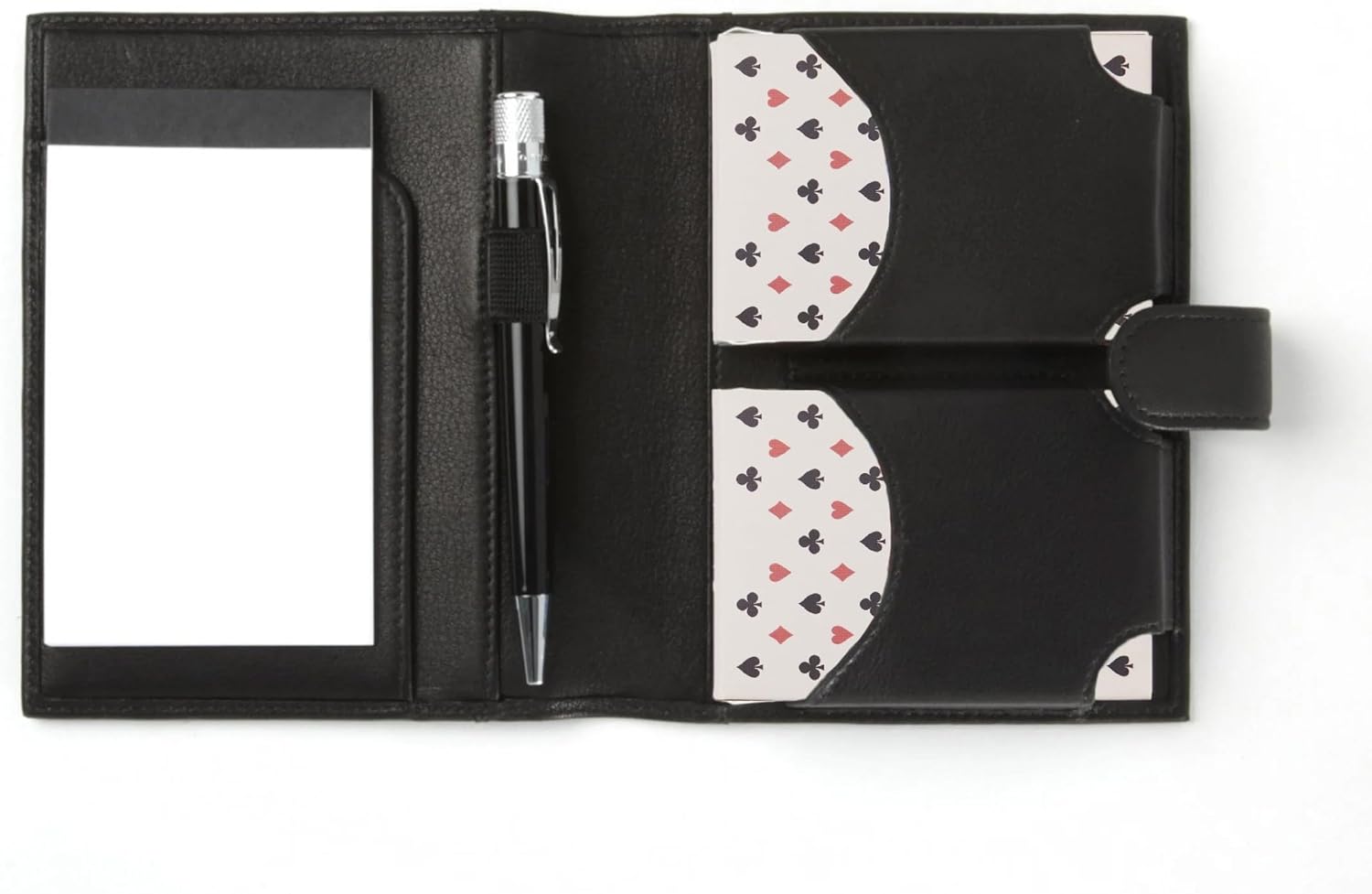 Leatherology Playing Card Case with Notepad – Leather Travel Game Set with 2 Decks, Pen Loop & Snap Closure