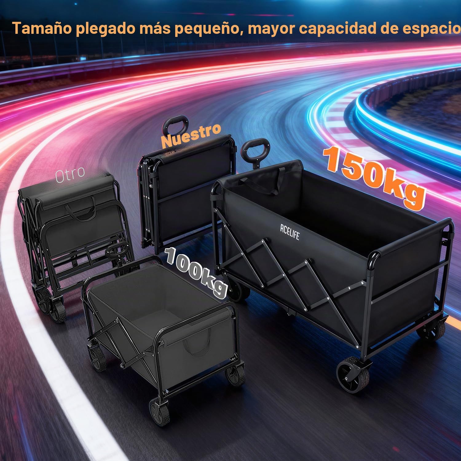 Carro Plegable de Mano, ACELIFE 150L Carrito Plegable con Ruedas con Mango Ajustable, Ruedas Todoterreno Capacidad de Carga de 150 kg para Camping, jardín, Exterior