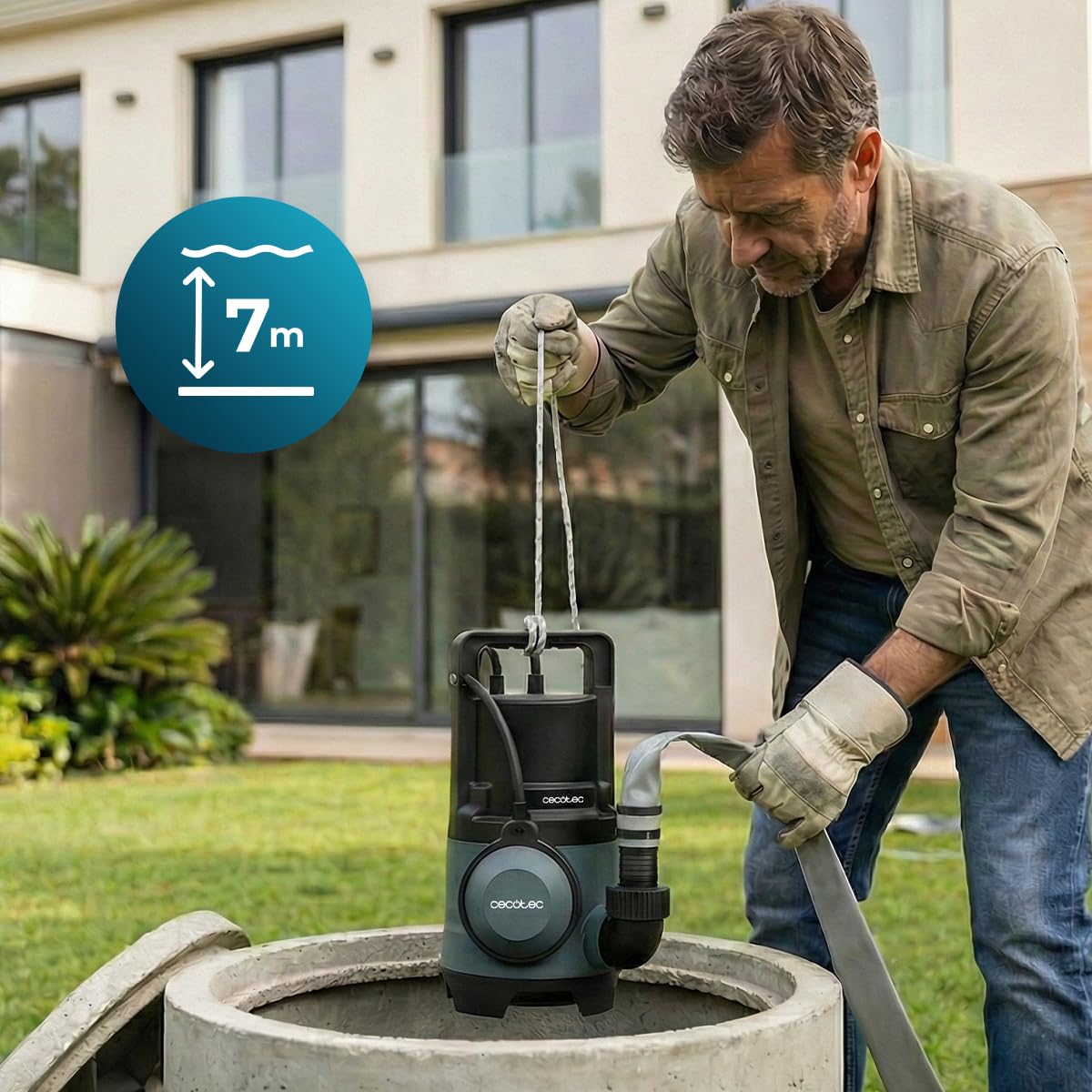 Cecotec Pompa per Acque Scure Axike 400 Dark. 400W, Portata 8000L/h, Altezza 5,5m, Profondità 7m, Particelle 25mm, Interruttore Galleggiante, IPX8, Cavo 10m, Corda 8m, Svuota Molto Velocemente Tutto