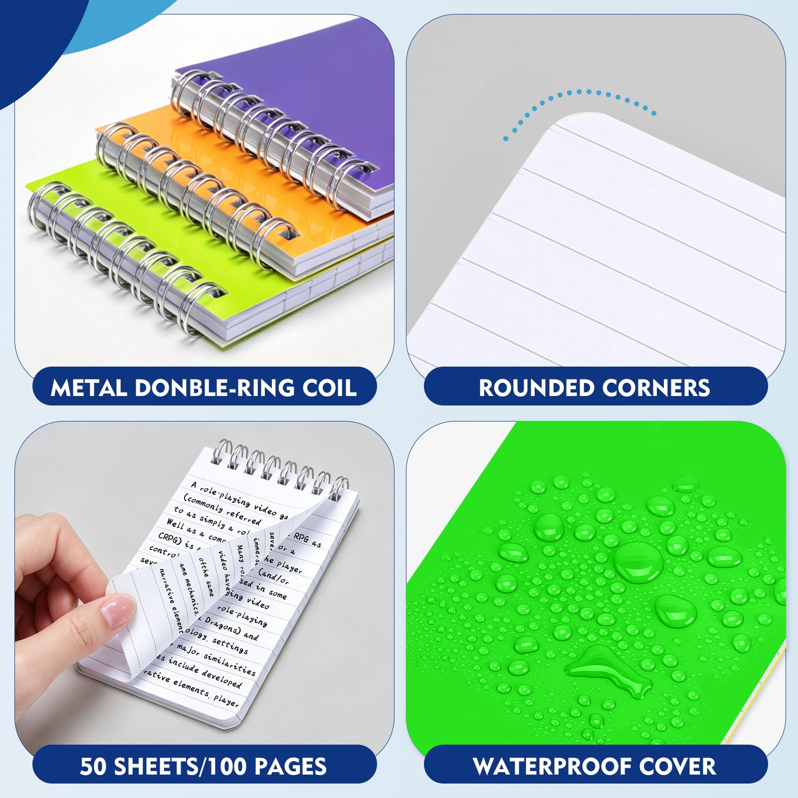 TUXIYA Lot de 50 mini carnets de poche en vrac 7,6 x 12,7 cm, mini bloc-notes à spirale avec pages lignées, 10 feuilles/100 pages colorées (80 g/m²), petits blocs-notes pour bureau, travail