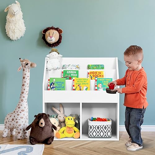 Miniatura 9 de KOTEK Estantería para niños con organizador de almacenamiento de juguetes, estantería para niños con estante de libros de 3 niveles y 2 cubos