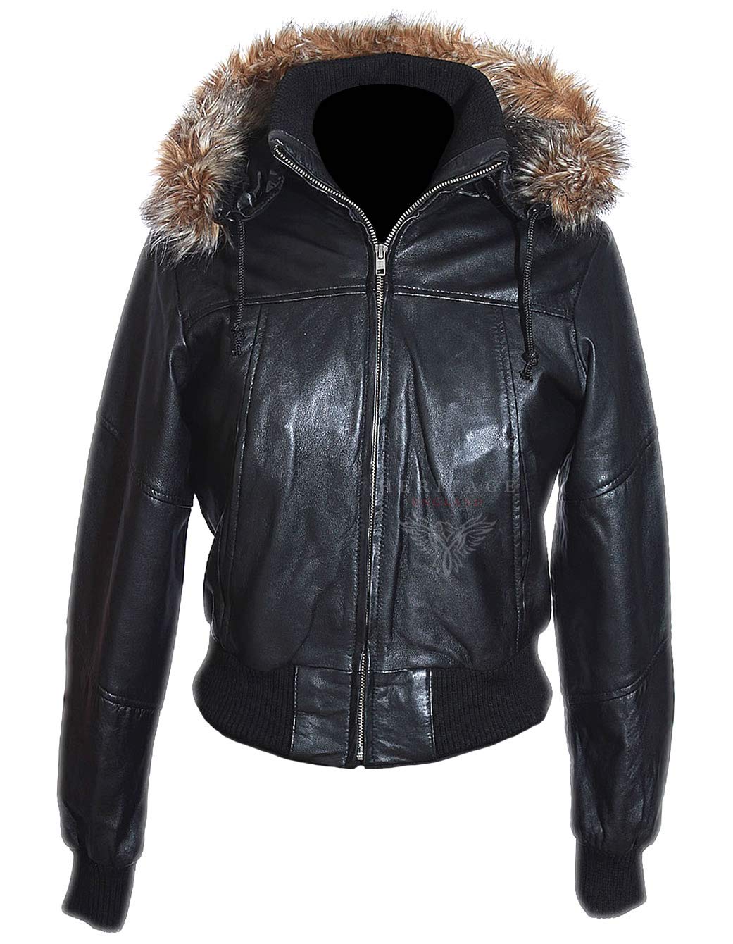 H.E Matilda Black Ladies Classic Bomber Detachable Fur Hood Real Italian Lambskin Leather Winter Hooded Jacket (Sizes: 8 to 22 Available) (Size: 8)