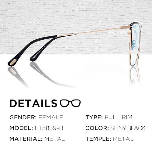 Miniatura 2 de Tom Ford FT5839-B - Marco de lentes con forma de mariposa + paquete con kit de limpieza de gafas eSHADES, Negro brillante Lente transparente