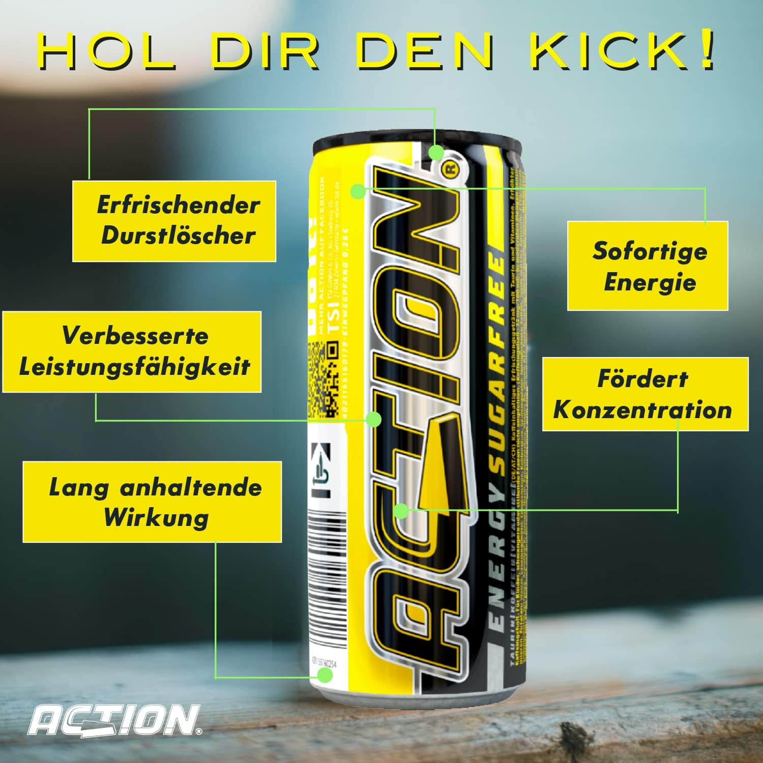 Action Energy Drink Sugarfree (48 x 250 ml) incluye depósito – Refresco con sabor 100% – patata energética con mayor contenido de cafeína 31,5 mg/100 ml de cafeína – sin azúcar – enfoque mejorado
