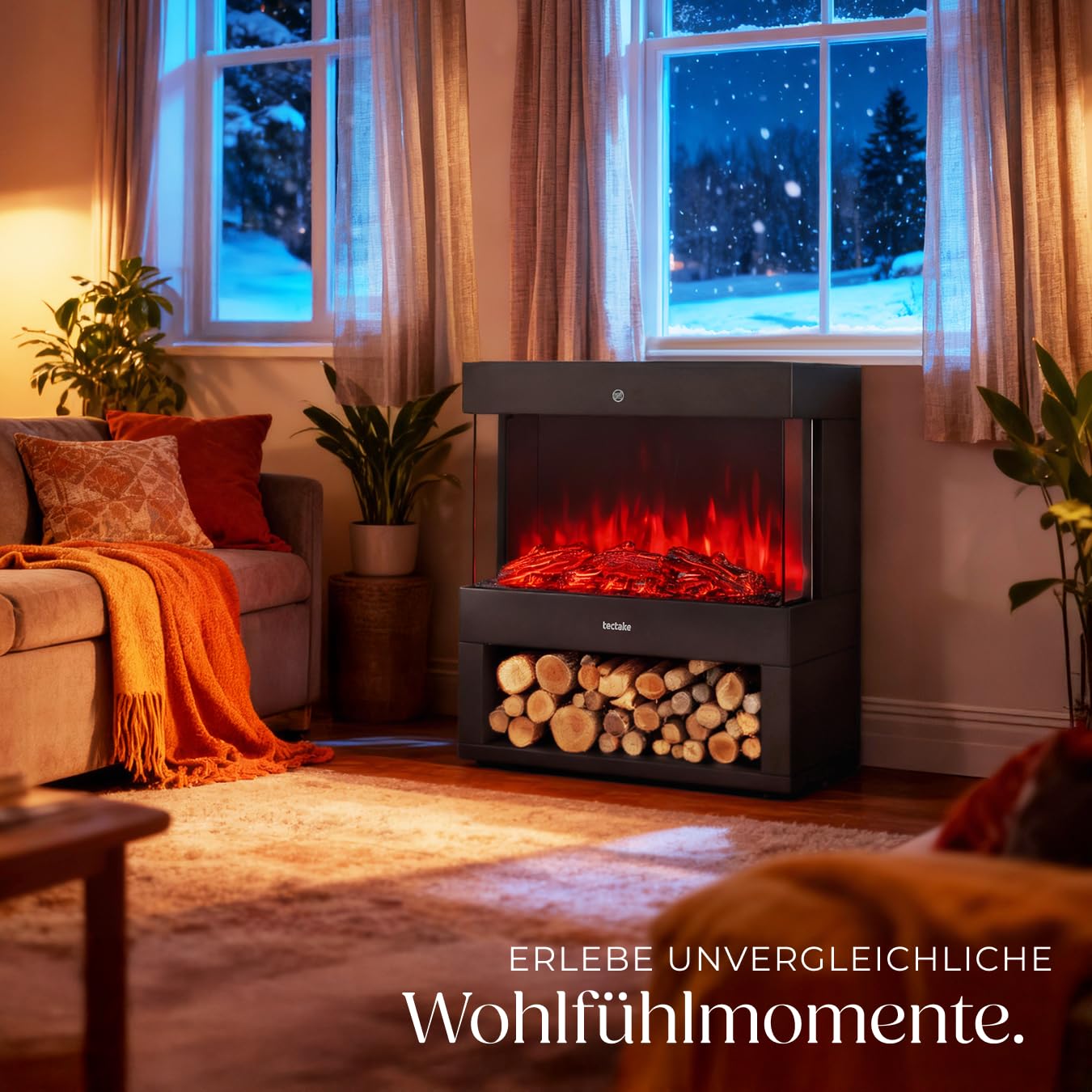 tectake® Elektrokamin mit 2 Heizstufen 900W/1800W, elektrischer Kamin mit 3D-Flammeneffekt, Glut und Holz, Kaminfeuer, Elektro Kamin Deko mit Thermostat, Kippschutz und Überhitzungsschutz, schwarz