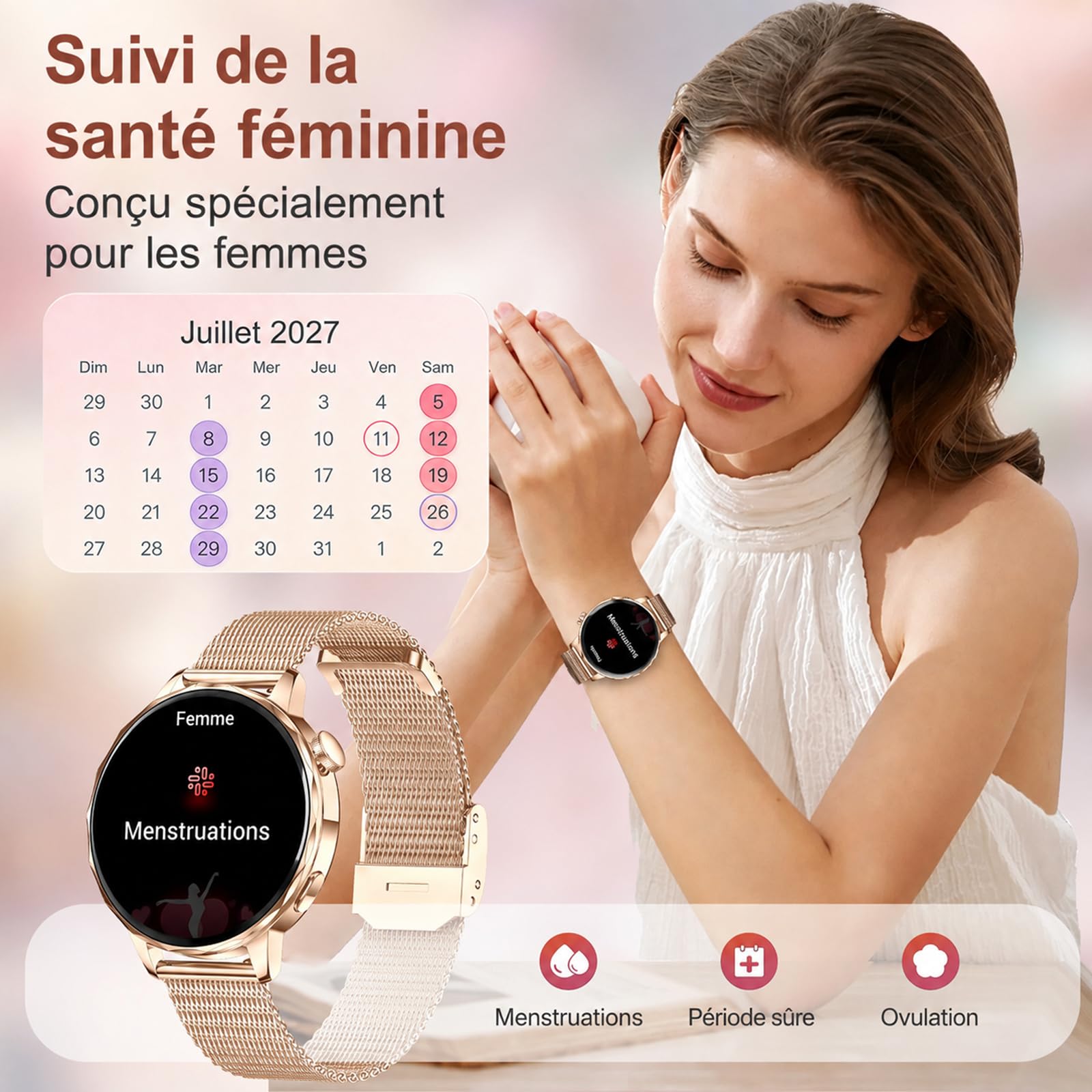 Efolen Montre Connectée Femme avec Appel Bluetooth, 1.27" HD Rond