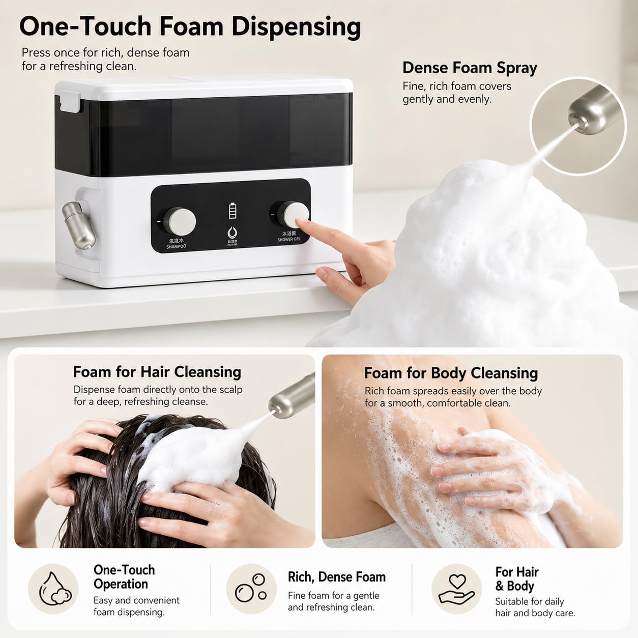 Dispensador automático de jabón en espuma de pared, recargable, 620 ml, boquilla ajustable de 360°, dos modos de espuma y cámara de jabón de 220 ml más depósito de agua de 400 ml
