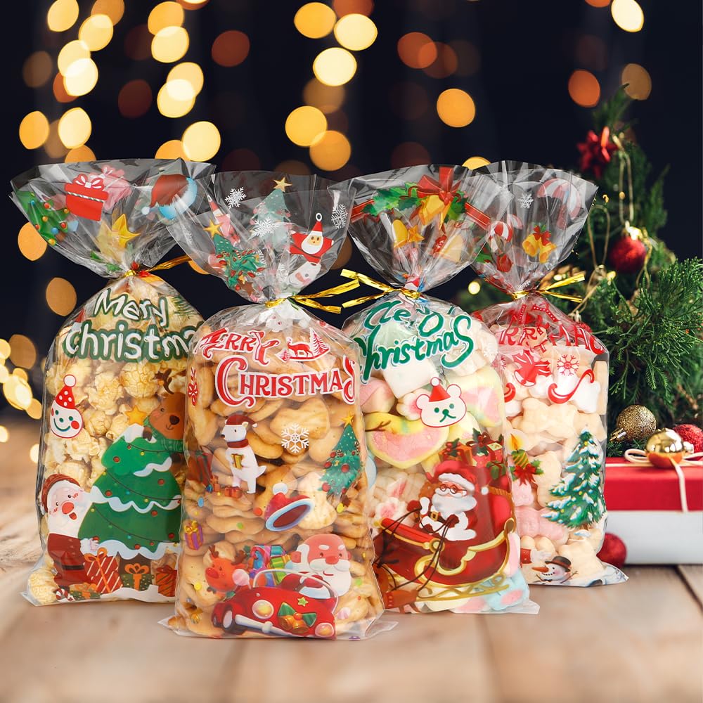 Bolsas de celofán de Navidad, bolsas de dulces de Navidad, paquete de 100 bolsas de plástico transparente con giros para bolsas de regalo de Navidad, suministros de fiesta, regalos de fiesta,