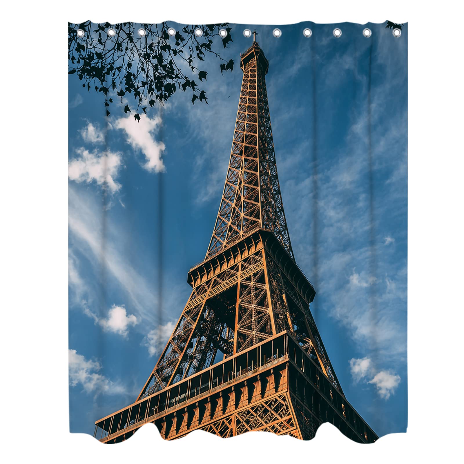 Paris Eiffel Tower Theme Bathroom Bathtubs Fabric Shower Curtains Blue Sky Cloud Shower Curtain Set with 12 Hooks 72 x 72 inches Polyester Machine Washable, Blue White and Brown