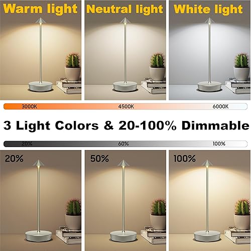 Miniatura 3 de Lámpara de mesa inalámbrica, funciona con pilas, luces de escritorio de 6000 mAh, luz nocturna de metal de aluminio recargable, 3 colores y lámparas