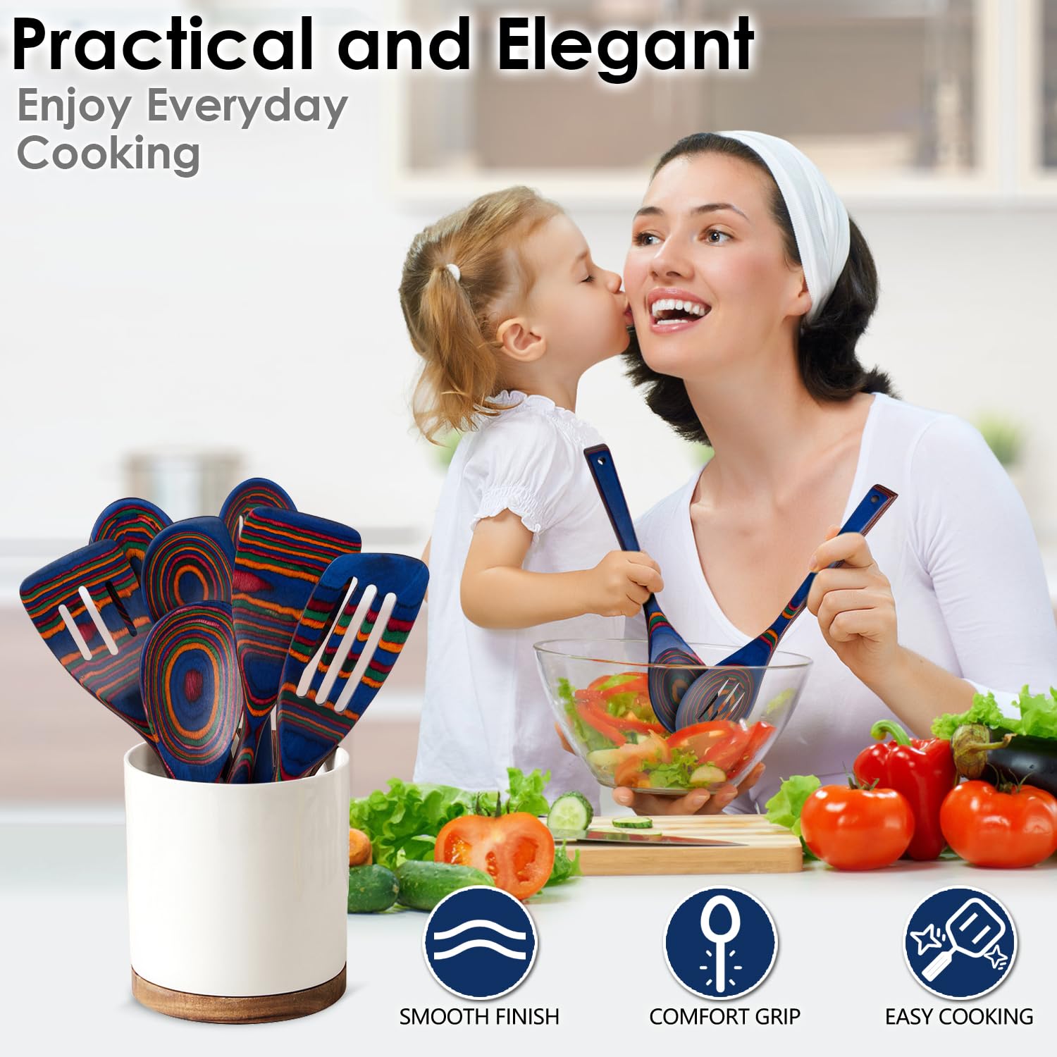 HOWHONG - Cucharas de madera para cocinar, 7 piezas de madera de Pakkawood, juego de utensilios de cocina que incluye espátula, cuchara esquinera, paleta de arroz, apta para utensilios de cocina