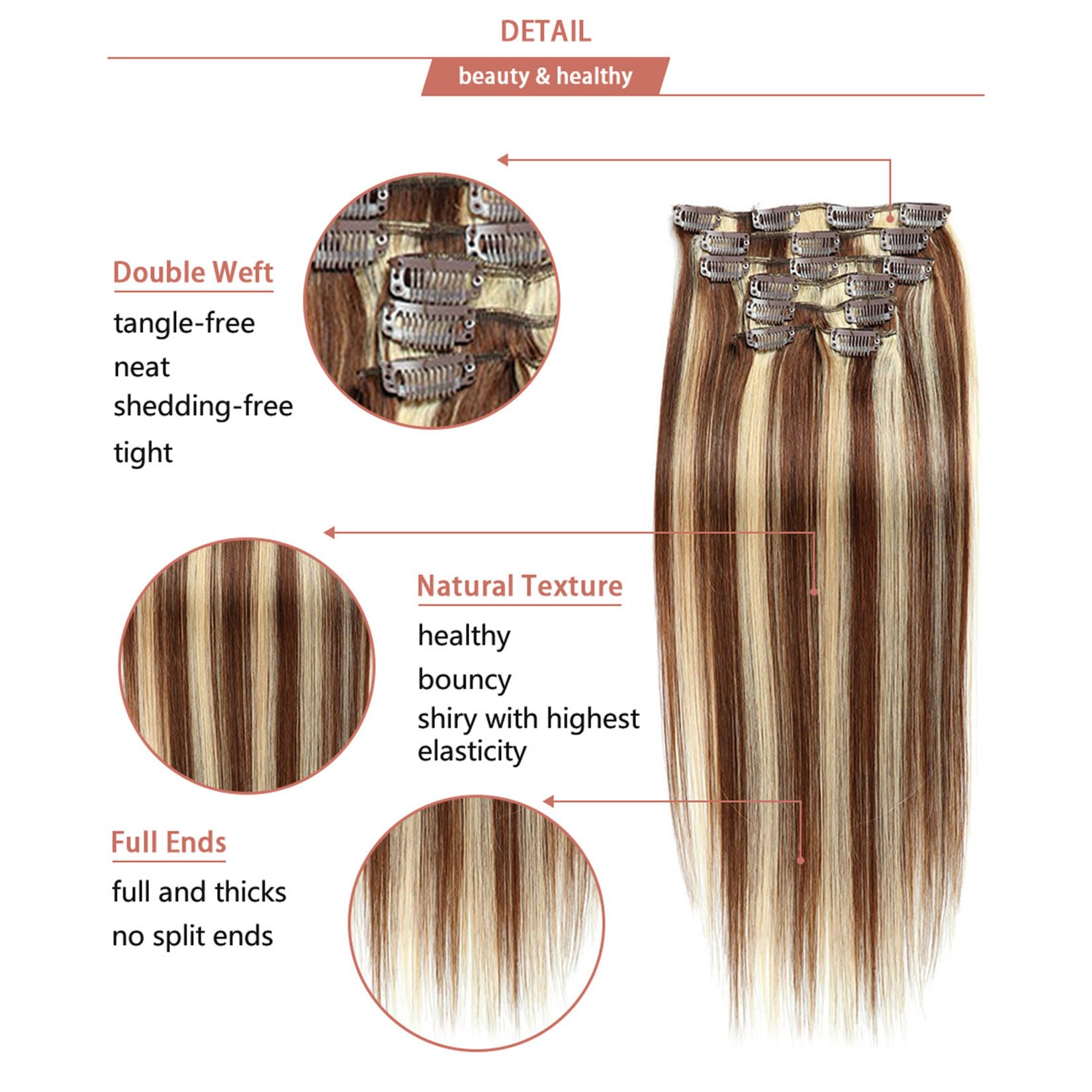 Clip en extensiones de cabello para mujeres, clip recto sin costuras en extensiones de cabello humano, 7 piezas juego de cabello humano real, # 12/613,22inch (55cm) 100g