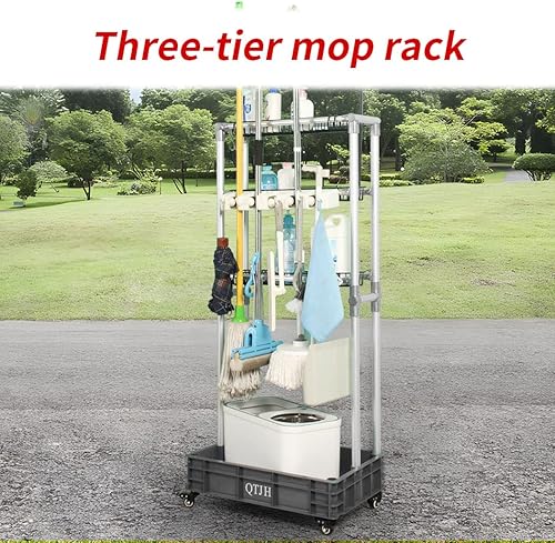 Miniatura 2 de Estante de almacenamiento Soporte para fregona escoba Sostenga sus suministros de limpieza Carrito de limpieza Organizador de acero Estante de