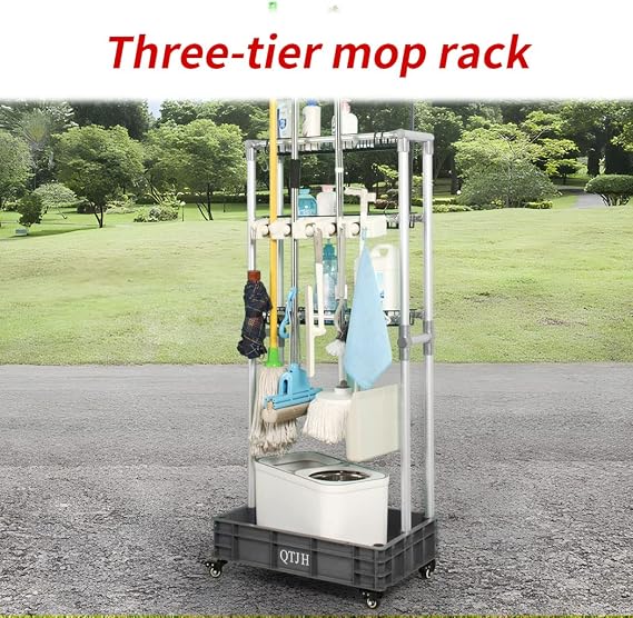 Storage Shelf Broom mop Holder Hold Your Cleaning Supplies Janitorial cart Steel Organizer Wire Rack
