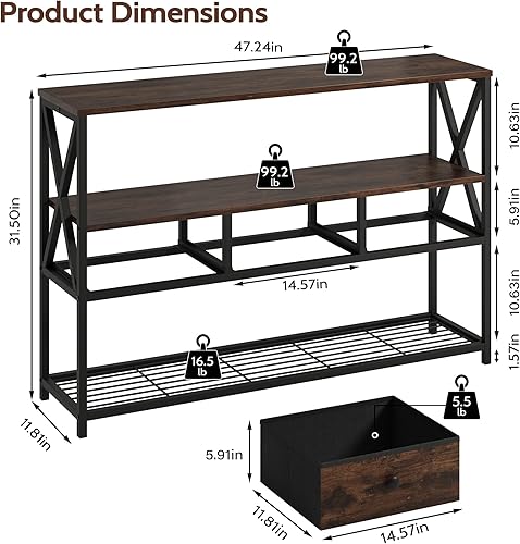 Miniatura 2 de Mesa consola de granja de 47 pulgadas con 3 cajones y estante abierto, mesa de sofá detrás del sofá para sala de estar, mesa de entrada, pasillo,