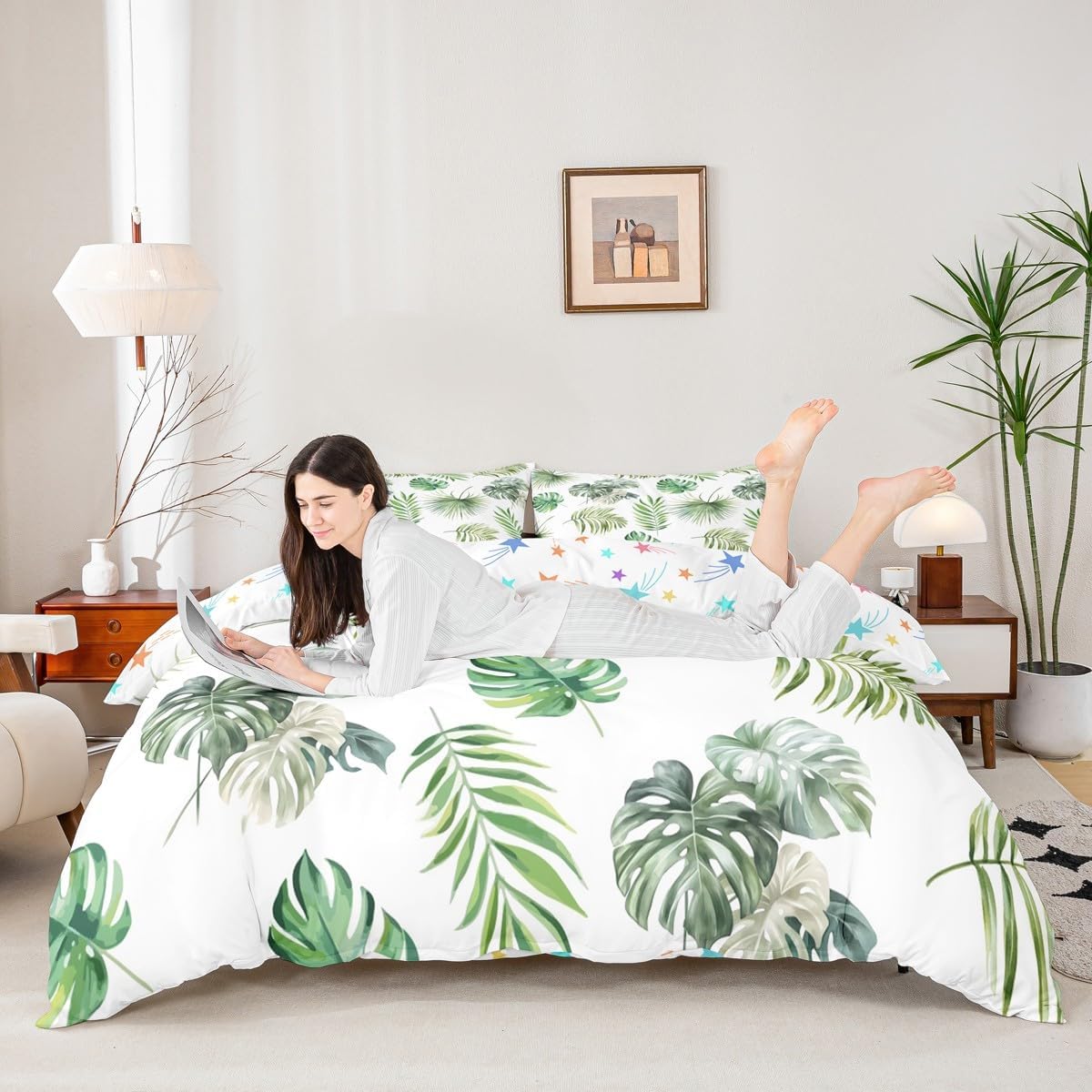 jejeloiu Kids Tropical Plants Bedding Set Toddler Size Green Palm Leaves Rainforest Style Duvet Cover for Boys Girls Tropical Comforter Cover,No Comforter