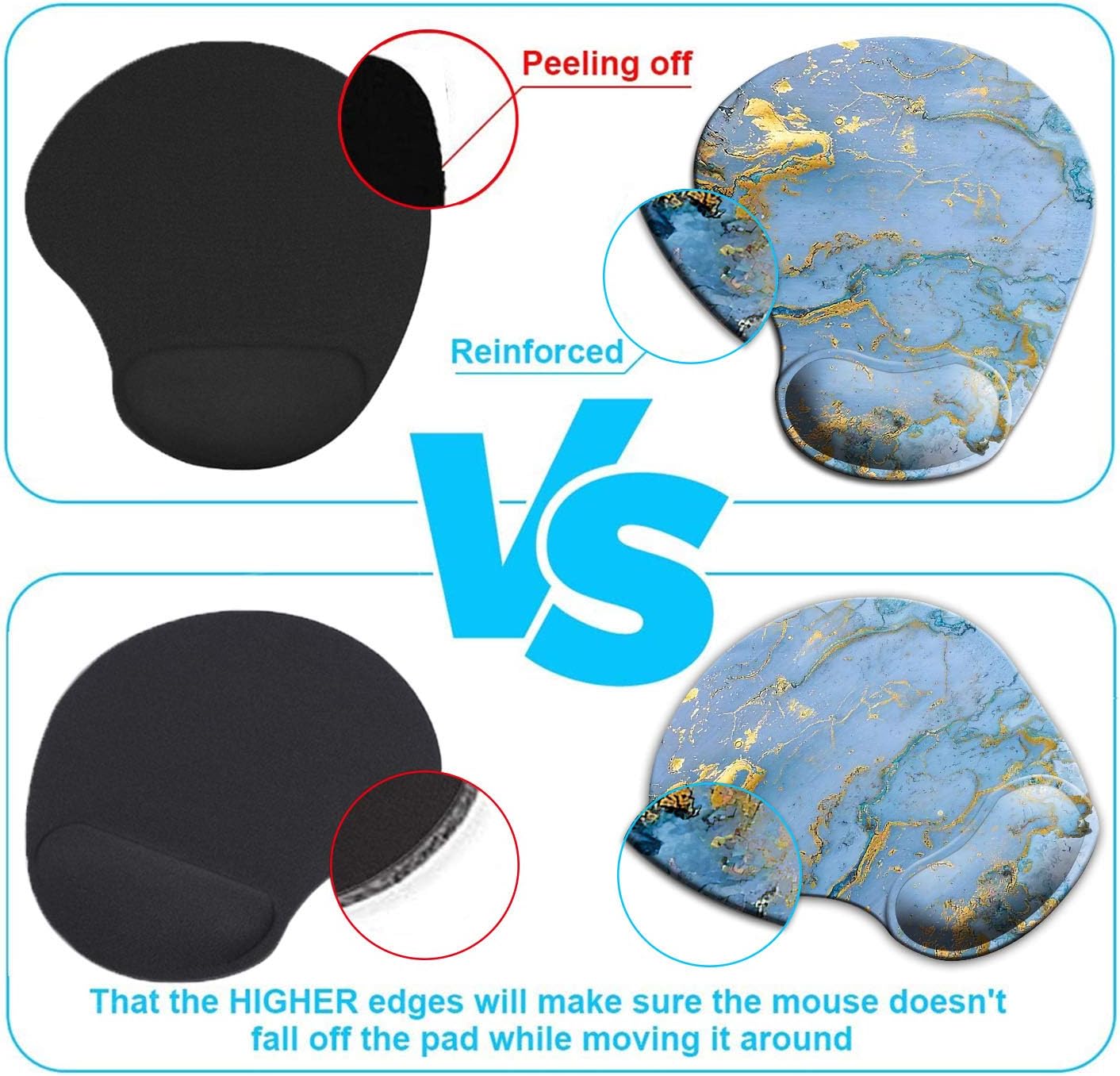 Dooke Ergonomic Mouse Pad with Wrist Support, Cute Mouse Pads with Non-Slip PU Base for Home Office Working Studying Easy Typing & Pain Relief Blue Gold Marble