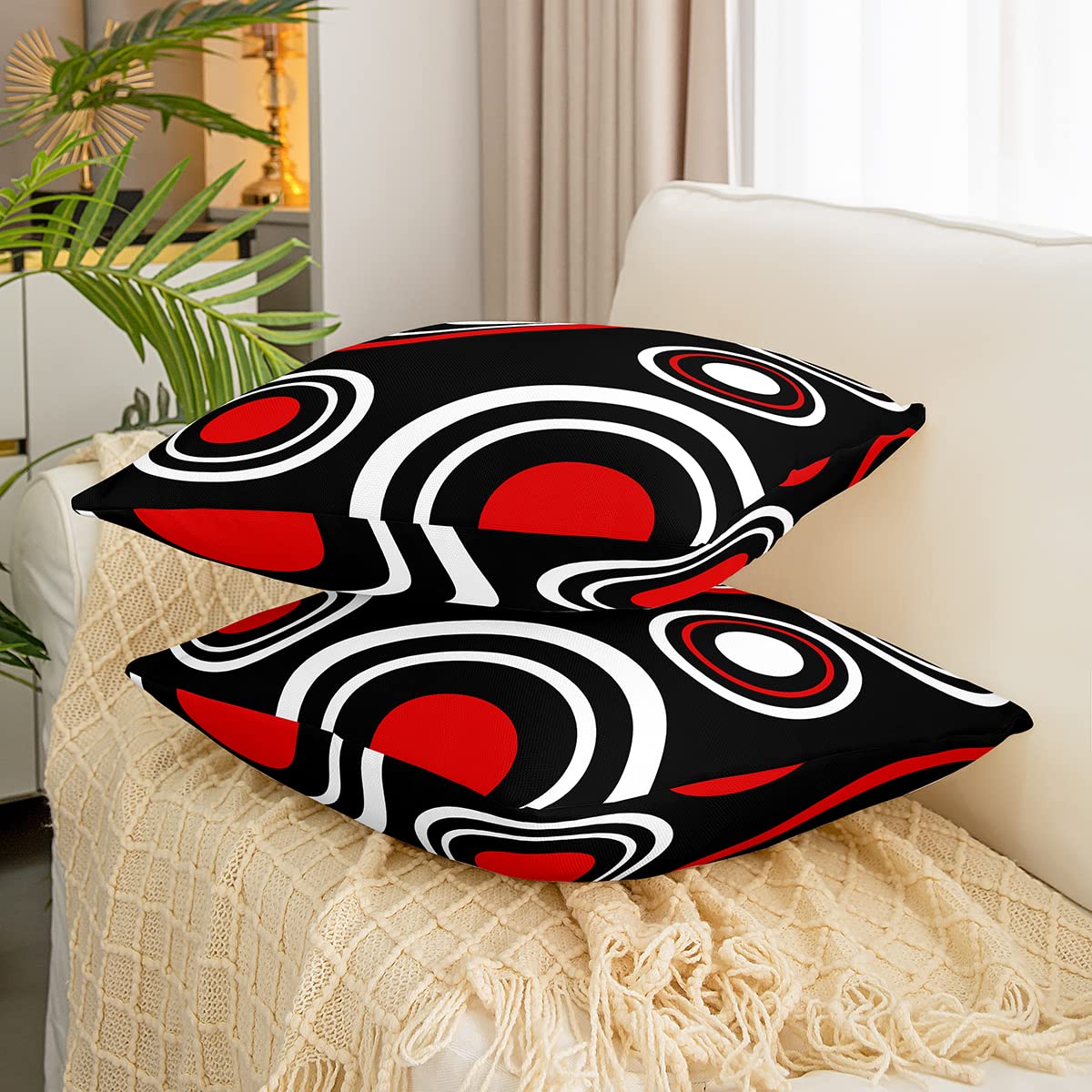 Loussiesd Set of 2 Throw Pillow Covers Abstract Art Cushion Case for Home Living Room Decor Reversible Geometric Circle White Red Grey Black Decorative Throw Cushion Case 20x20 Inch - Image 3