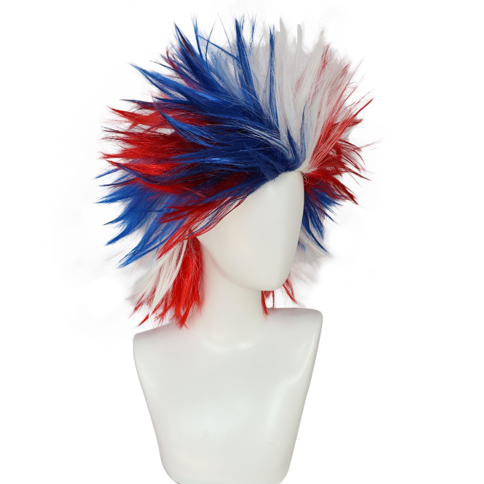 BECULINA Red White Blue Spiky Wigs +Hair Cap Synthetic Short Colorful Funny Crazy Wig for Celebrations Themed Party Football Sports Fan Wigs for Adults Men Women Halloween Costume Cosplay Outfit - Image 4