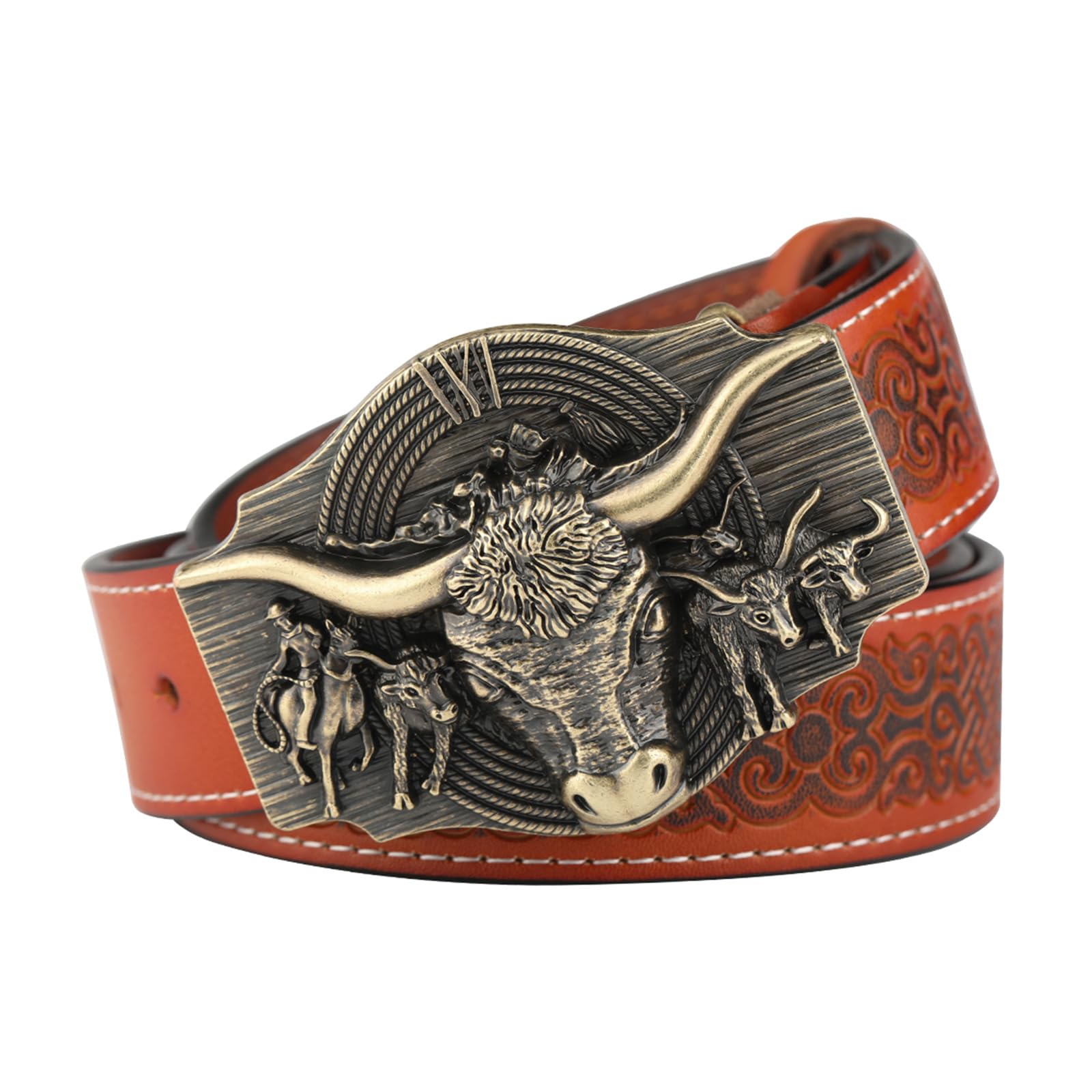 Wrjahcg Men's Orange B Western Country Belt For Wo Cowboy Cowgirl Belt Bull Buckle Embossed Leather Belts For Jeans,,95Cm/37.4''
