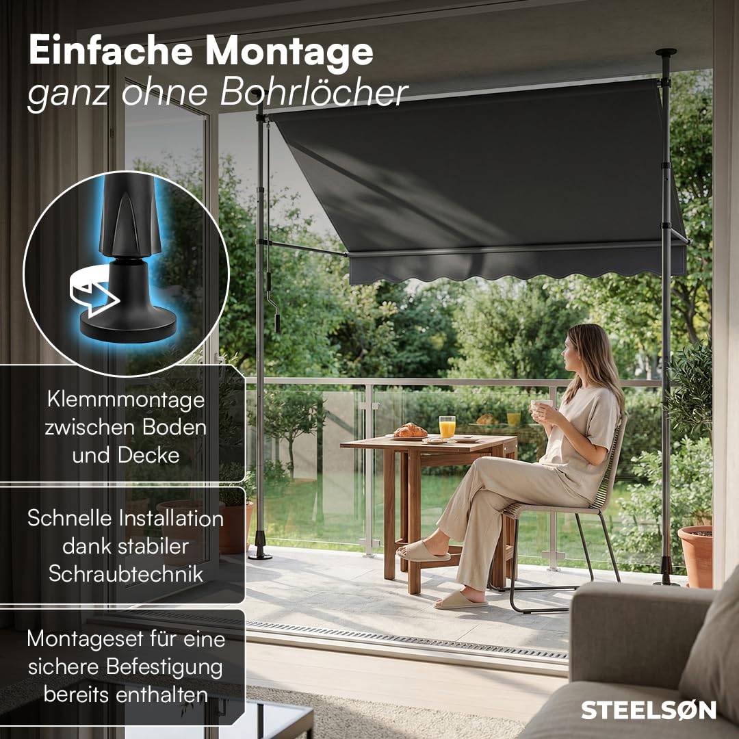STEELSØN Dioran Klemmmarkise 300 cm breit – Markise Balkon ohne Bohren – Sonnenschutz UV50+ – Balkonmarkise zum Klemmen – Terrassenüberdachung wetterfest – Gartenmarkise höhenverstellbar in Anthrazit