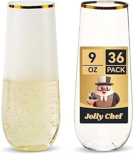 Miniatura 8 de JOLLY CHEF Paquete de 36 copas de champán de plástico sin tallo de 9 onzas, vasos de plástico transparente sin tallo, vasos transparentes