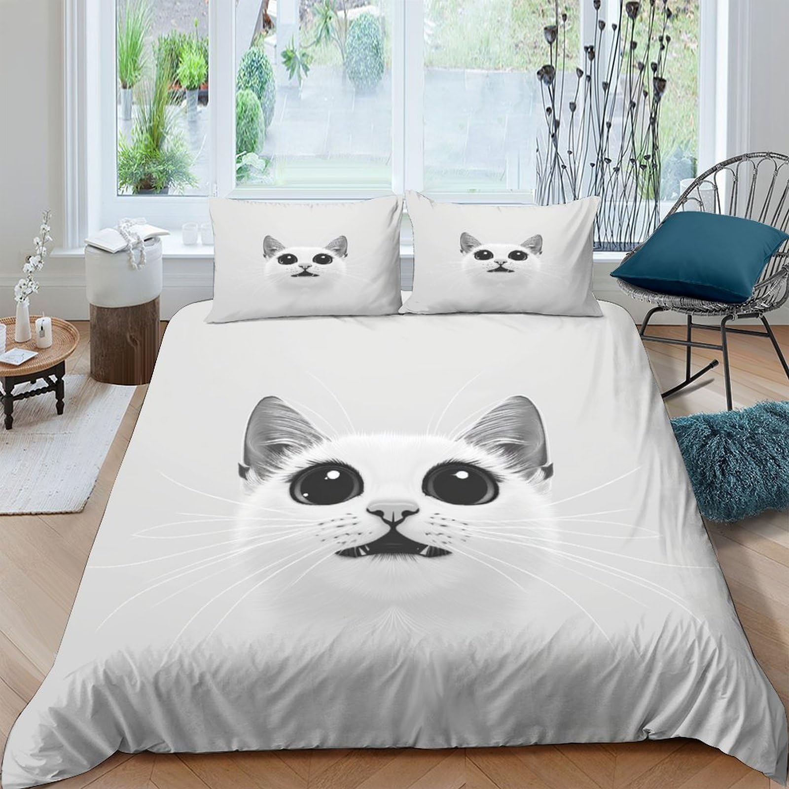 Housse de couette chat 200x200 cm en microfibre avec 2 taies d'oreiller