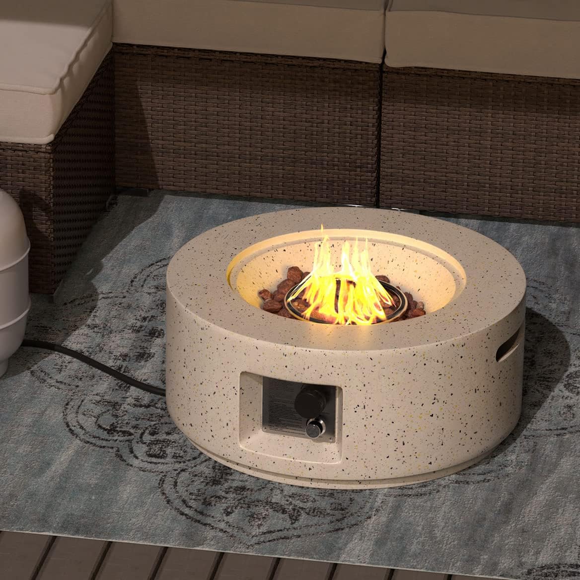 SUNBURY Outdoor 28 Inch Propane Fire Pit Table, 40,000 BTU Spotted White Patio Gas Fire Table w Lava Rocks, Waterproof Cover