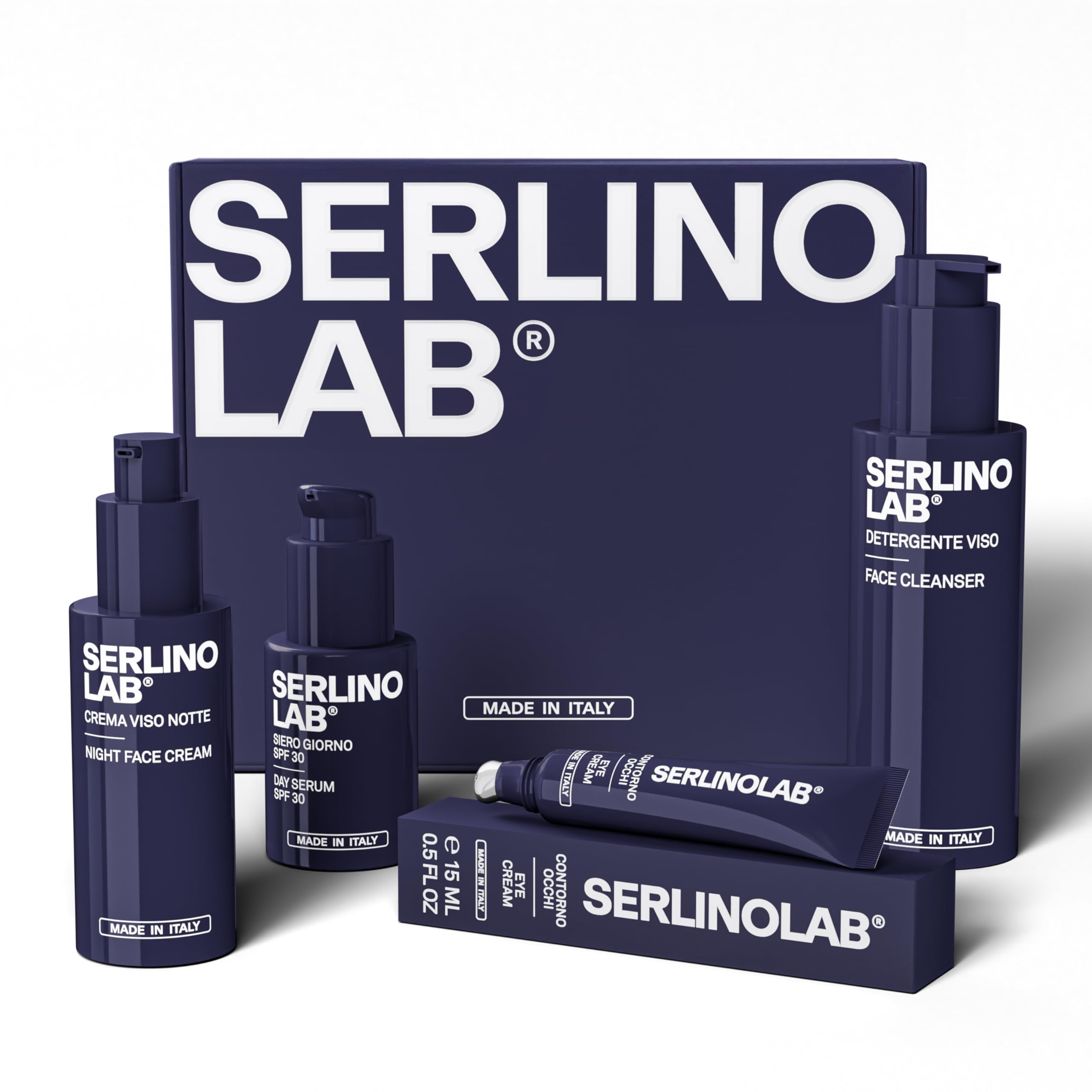 SERLINO LAB Kit completo Skincare Antirughe, Detergente, Contorno Occhi, Siero Giorno SPF30, Crema Notte, tutto made in italy
