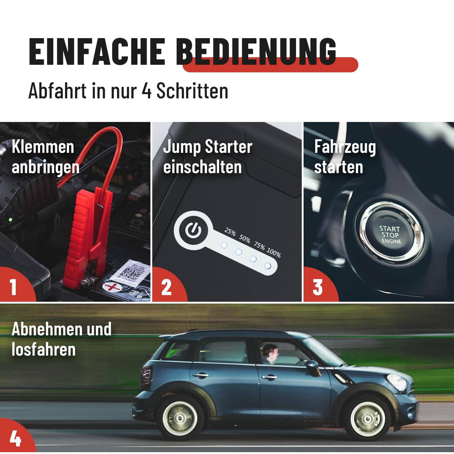 ABSINA Auto Starthilfe Powerbank 1500A - 12V Starthilfegerät geeignet für 6L Benzin & 4L Diesel - KFZ Starter Powerbank mit 2 USB Ports & Taschenlampe - Jump Starter, Auto Booster Starthilfe PKW
