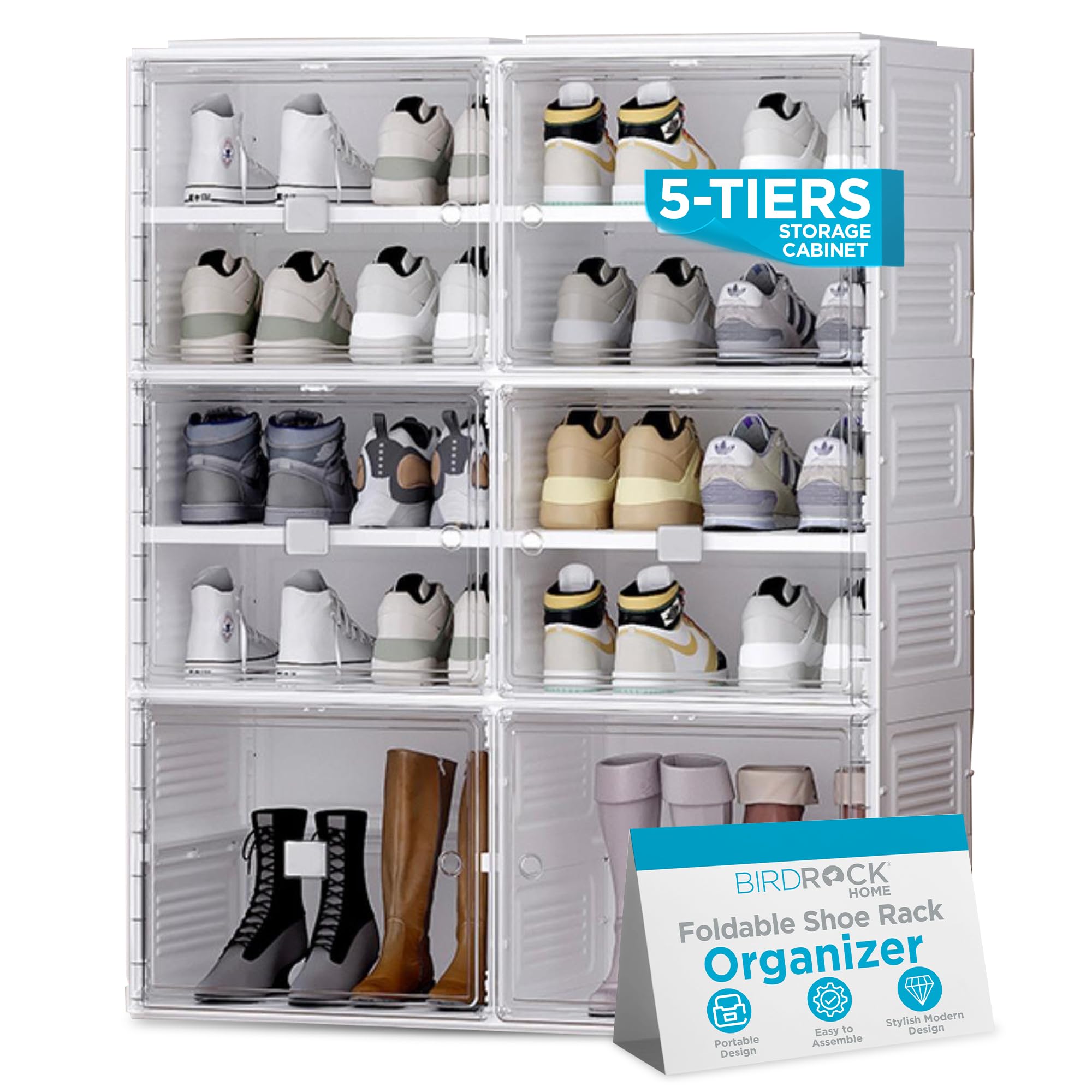 BIRDROCK HOME Shoe Rack Organizer for Closet Floor | 5 Tiers Foldable Freestanding Storage Cabinet w/ 8 Wide/Small Clear Storage Cubes & 2 Large Cubes