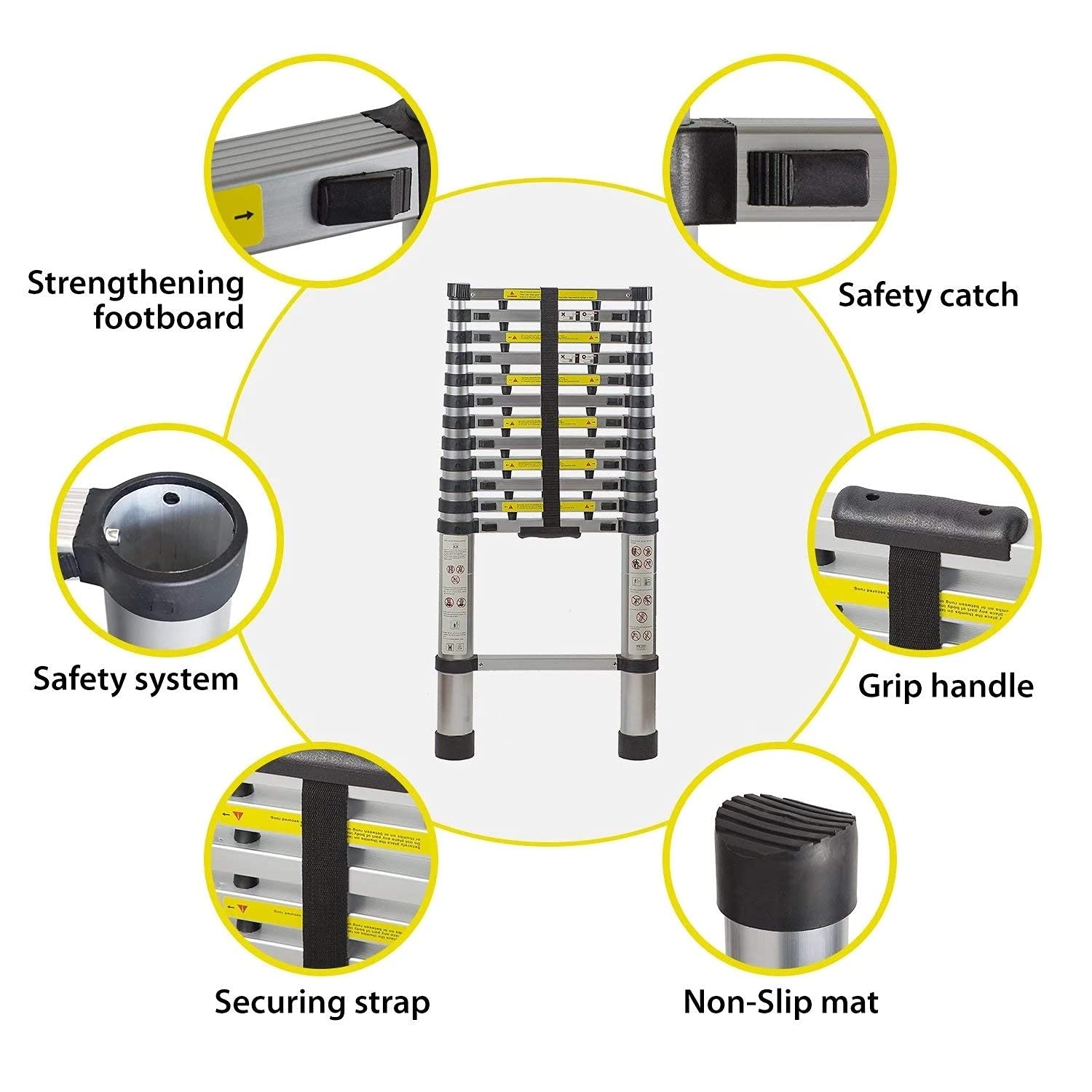 Teleskopowa drabina przedłużająca do dachów 2 m/2,6 m/ 2,9 m/ 3,2 m/ 3,8 m/ 4,1 m/ 4,4 m, aluminiowe wysuwane drabiny z bardzo szerokim stopniem, obciążenie 150 kg (rozmiar: 2,6 m/8,5 ft)