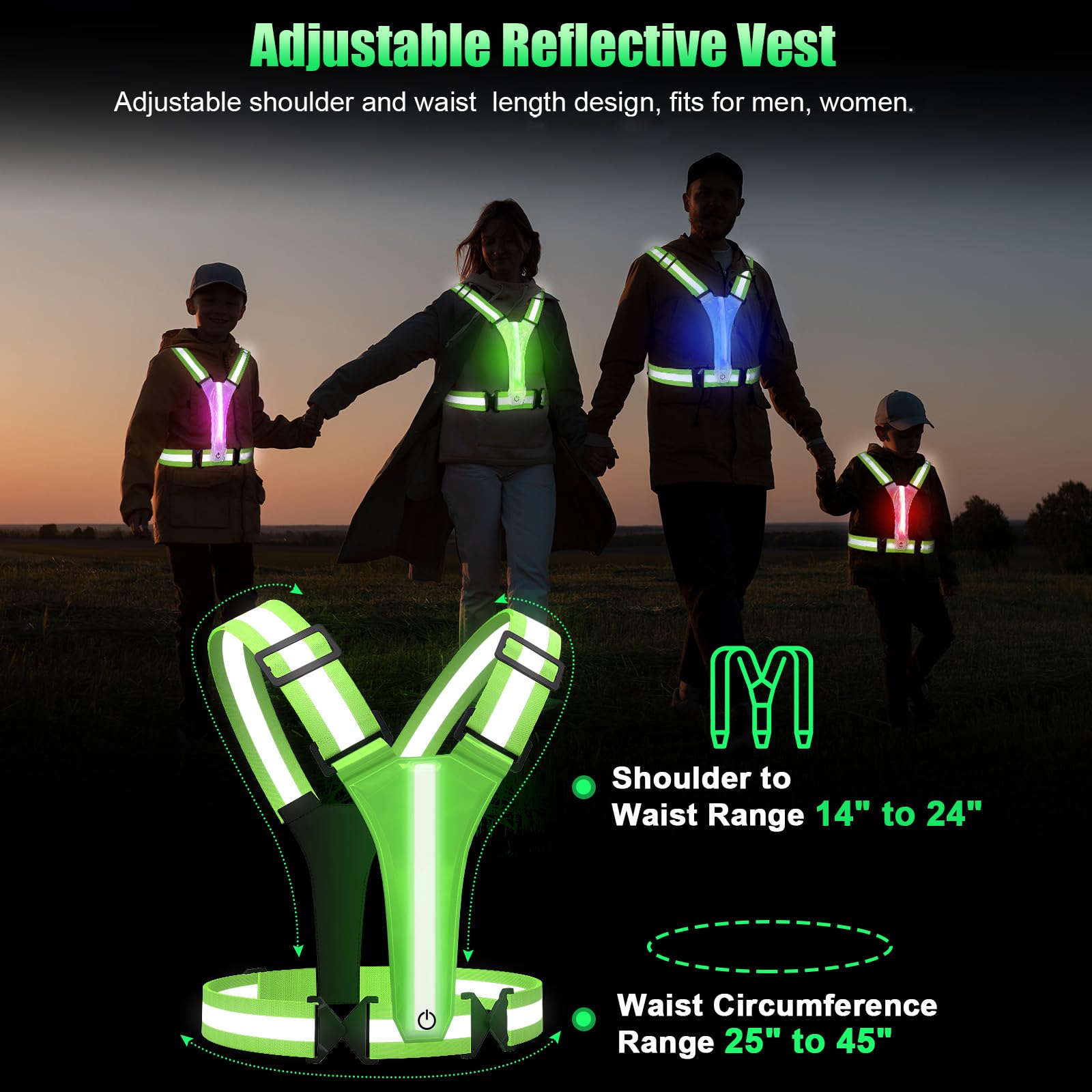 Gilet de course à pied réfléchissant 5 couleurs avec lumières rechargeables pour la marche de nuit, la course à pied, le cyclisme, taille réglable pour hommes, femmes, enfants (LED vert)