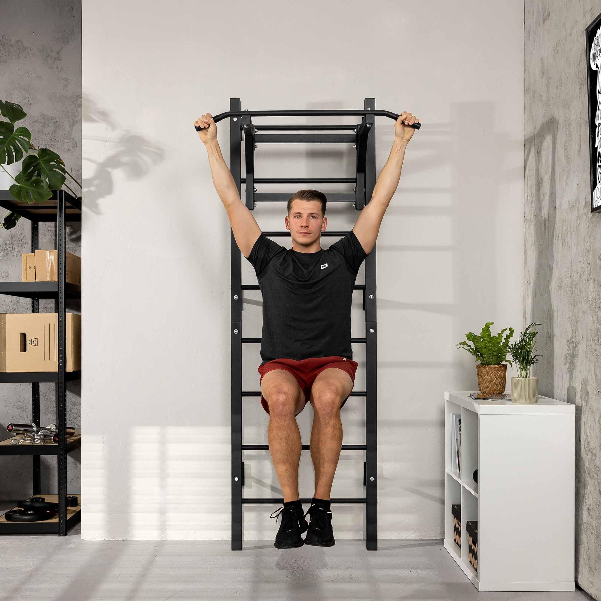 Hop-Sport Sprossenwand mit Klimmzugstange, Dip Station & Sit-Up-Bank | Wand Kraftstation für Zuhause | Calisthenics & Krafttraining | Max. Belastung 150 kg