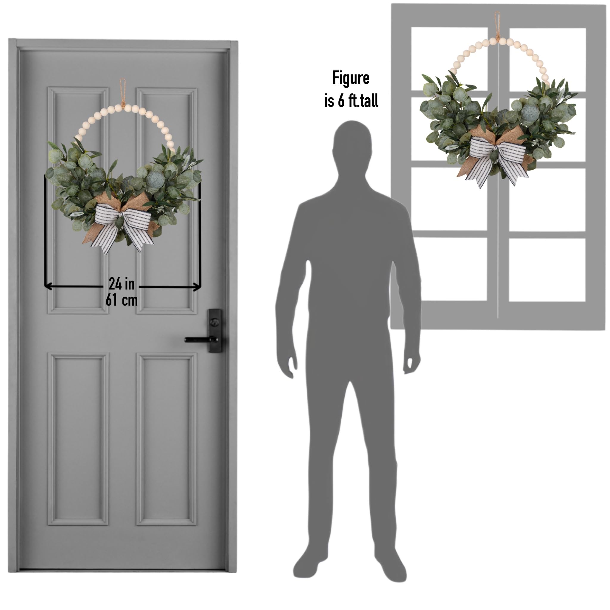 Ghirlanda artificiale di eucalipto verde e perline di legno con fiocco per porta d'ingresso, ghirlanda bohémien verde con perline per primavera estate tutto l'anno decorazione per la casa per tutte le