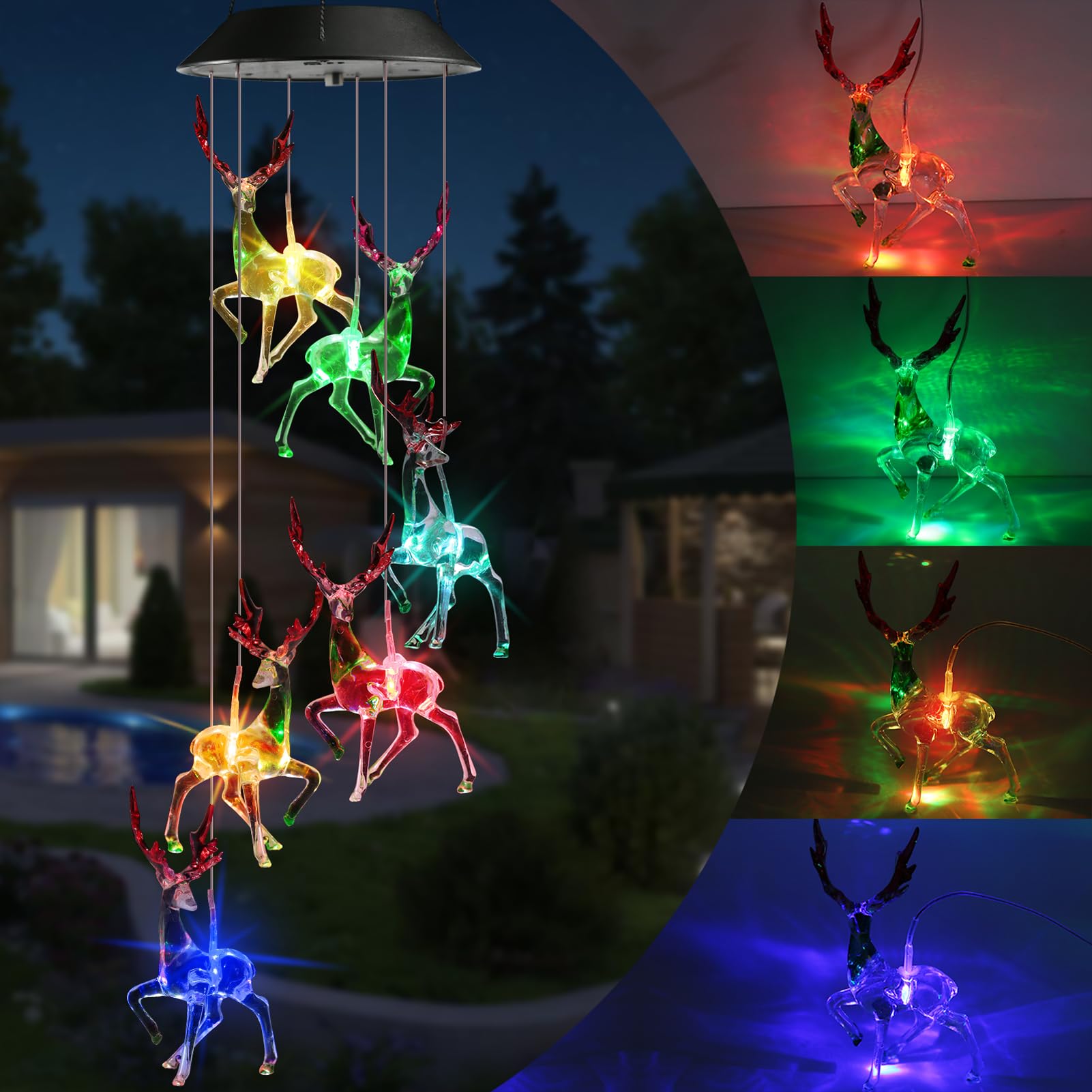 Toodour Solar Wind Chime, Color Changing Reindeer Wind Chimes, LED Decorative Mobile, Gifts for Mom, Waterproof Outdoor Decorative Lights for Balcony, Patio, Party, Yard, Window, Xmas Decorations