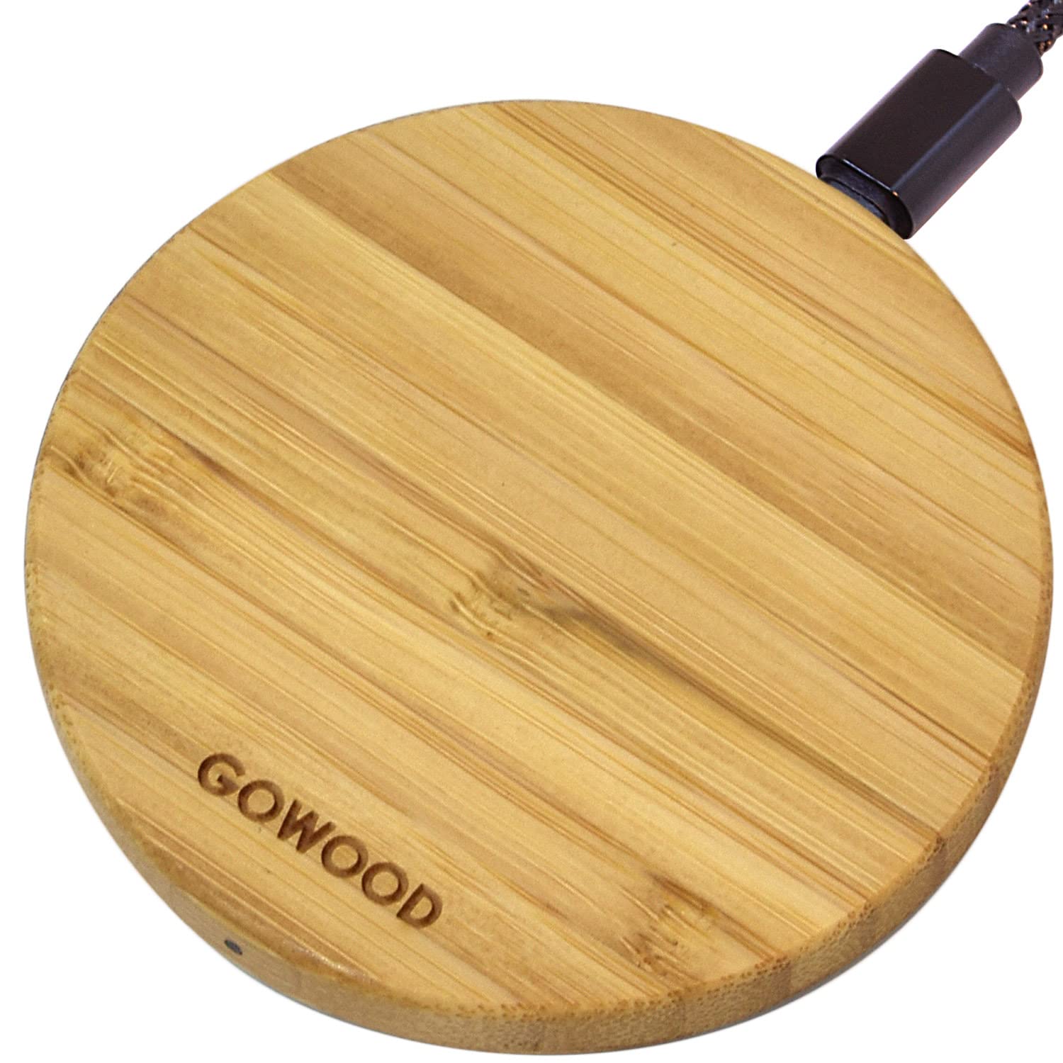 GOWOOD - 15W Fast Bamboo Wireless Charger - Fast Wireless Charger with 1.5m Strong and Resistant Charging Cable - LED Integrated USB-C Wireless Charger