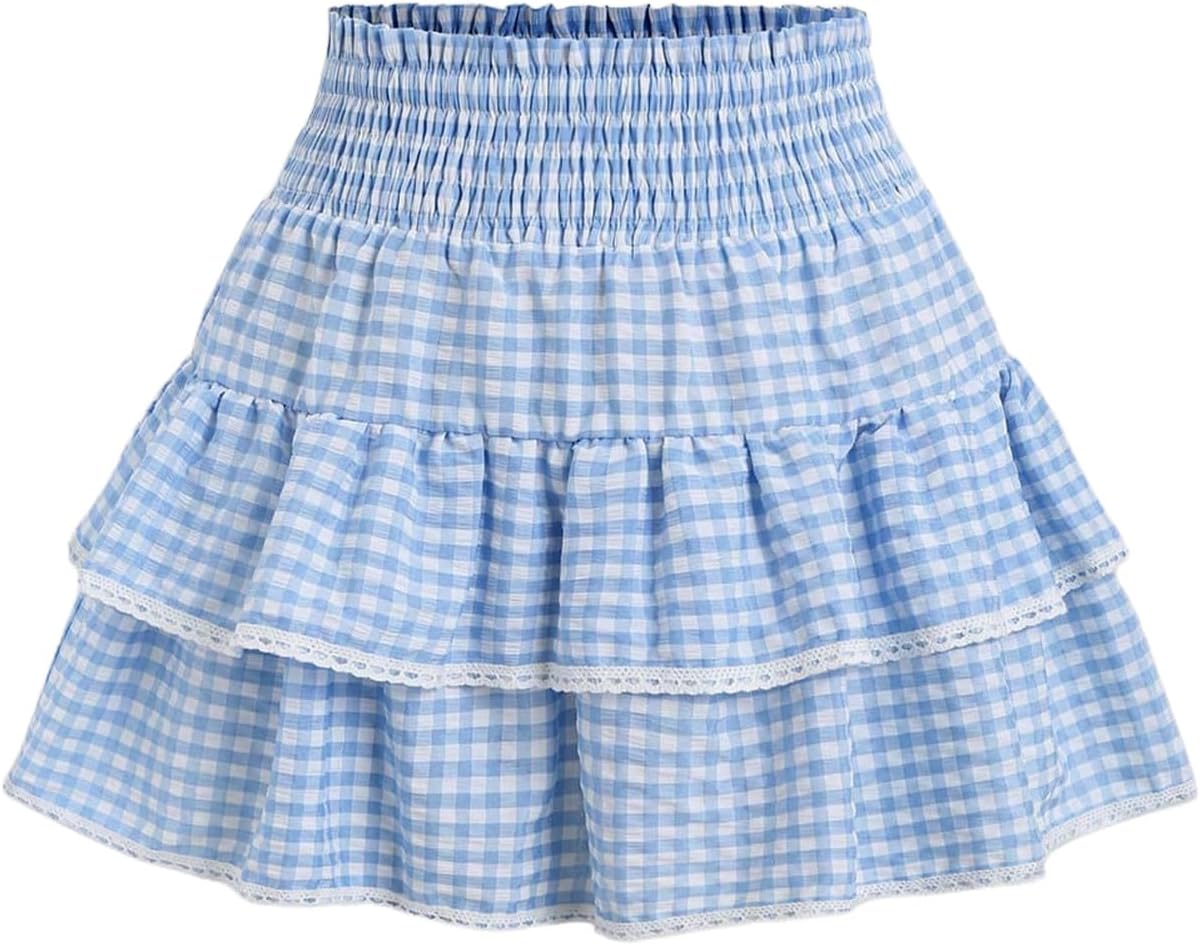 Women's Y2K Gingham Skirt Plaid Ruffle High Waist A-Line Cake Mini Skirts with Lace Hem